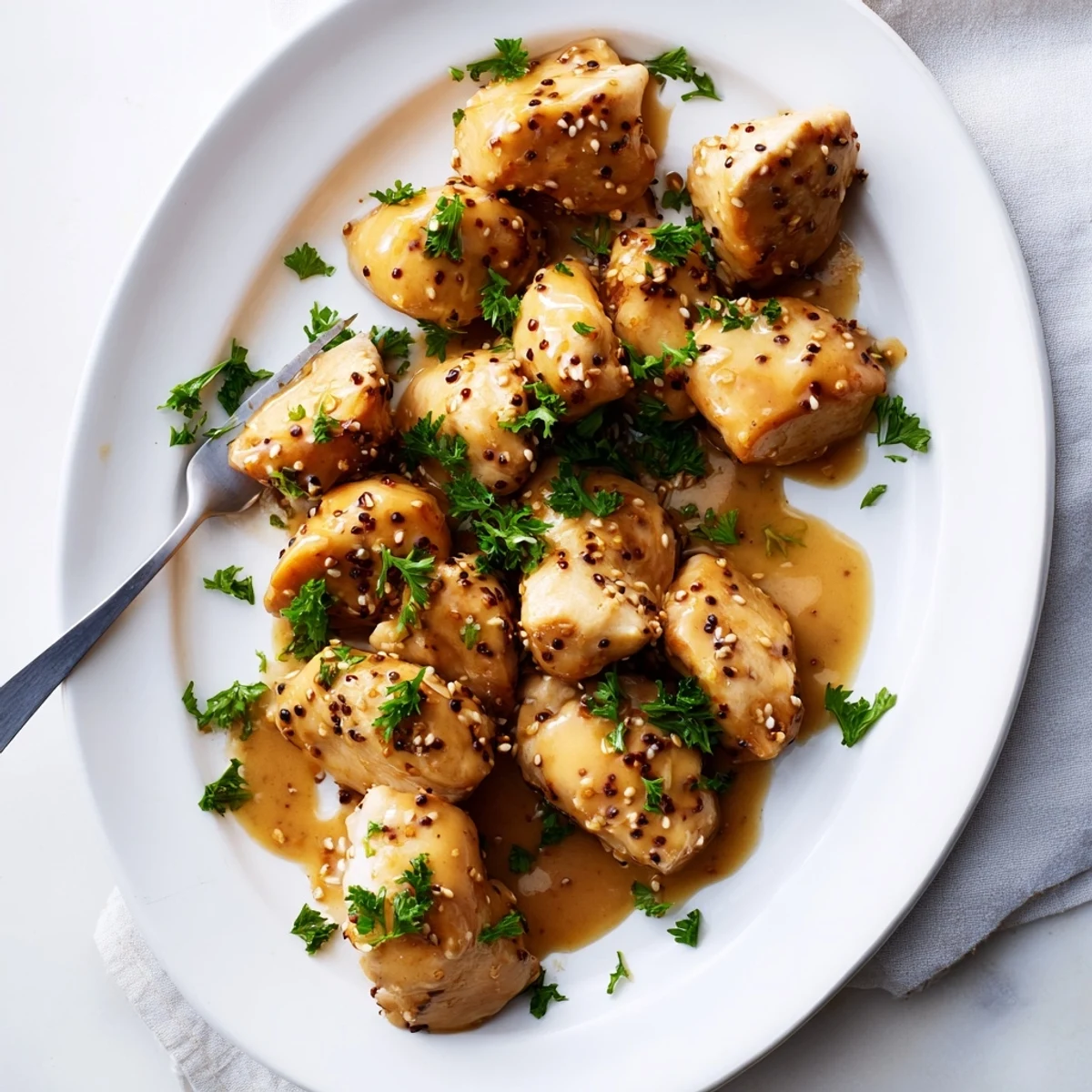 Juicy chicken pieces coated in thick honey mustard mixture baked until caramelized and garnished with fresh green parsley