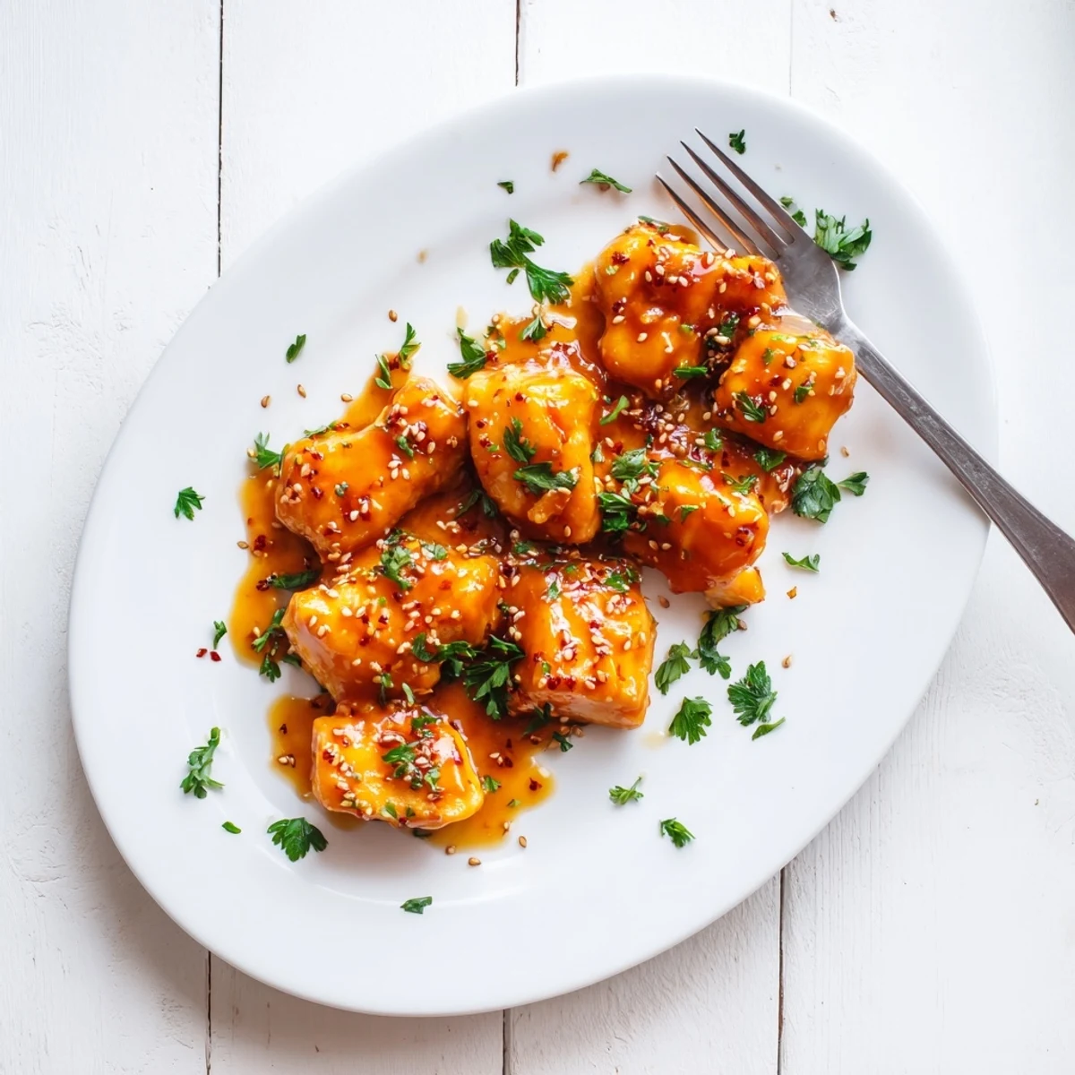 Golden oven baked honey mustard chicken breasts glazed with sweet tangy sauce on a white baking dish