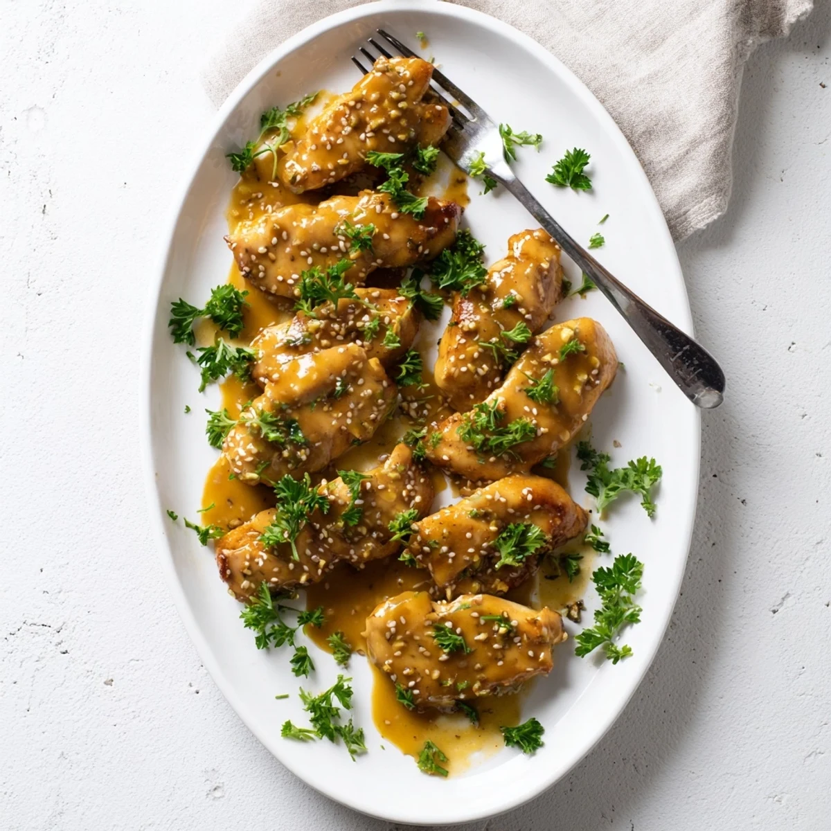 Close up of tender chicken breast brushed with honey mustard seasoning bubbling hot from the oven ready to serve