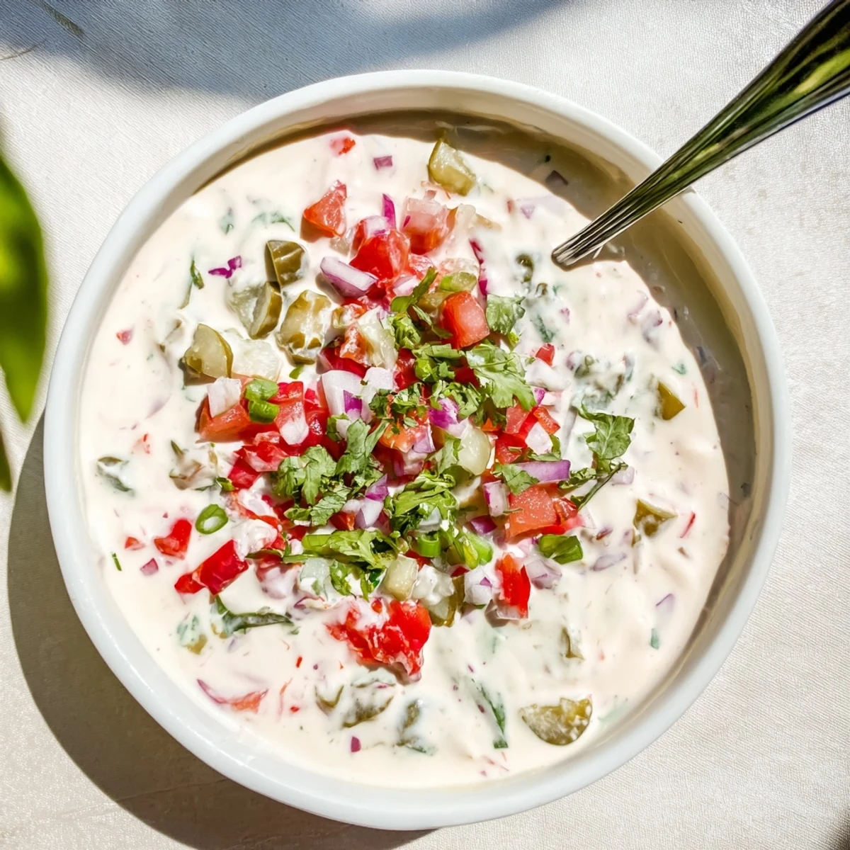 Creamy Grillos Pickle De Gallo Ranch Dip served in a bowl with colorful vegetable crudités and tortilla chips for dipping