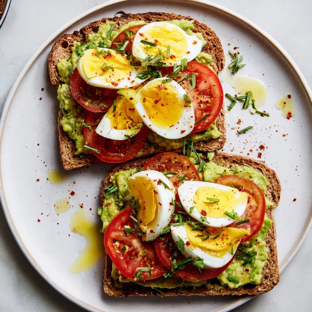 Golden toasted bread piled high with creamy mashed avocado and topped with sliced hard-boiled eggs and ripe tomato slices