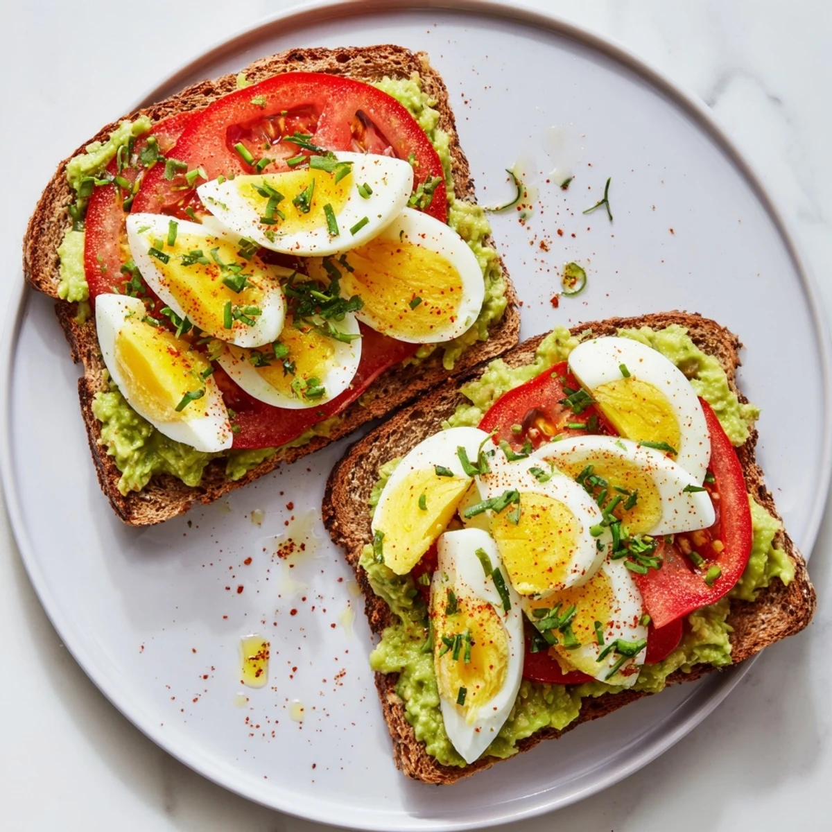 Vibrant avocado toast with tomato and hard-boiled egg recipe garnished with fresh herbs and red pepper flakes on rustic sourdough