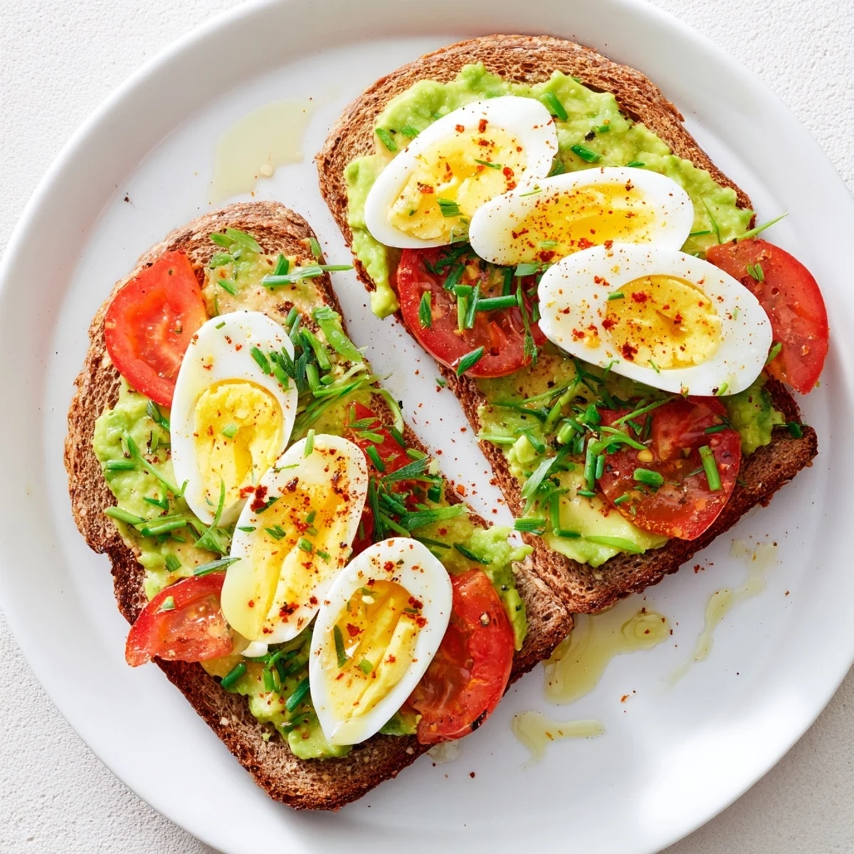 Wholesome breakfast plate featuring avocado toast layered with juicy tomato slices and protein-packed hard-boiled egg drizzled with olive oil