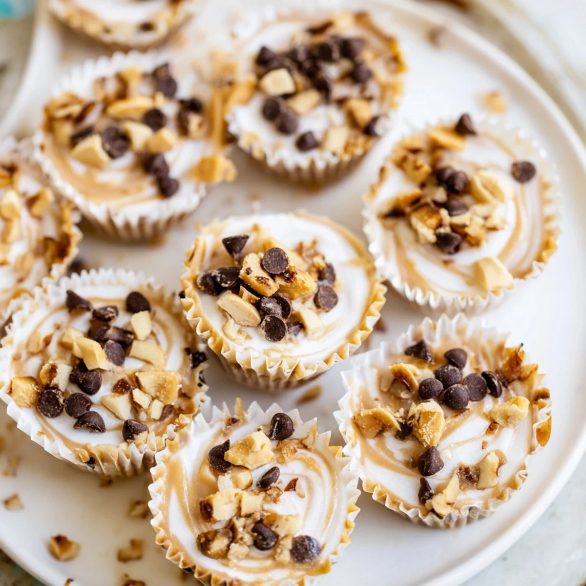 Frozen peanut butter Greek yogurt bites arranged on a white plate with chocolate chip toppings
