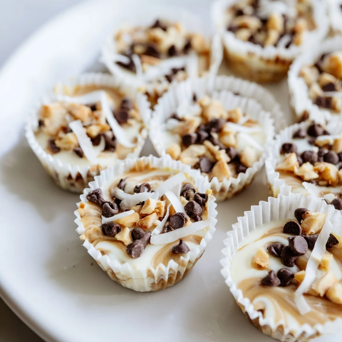 Creamy high protein frozen peanut butter Greek yogurt bites sprinkled with chopped roasted peanuts