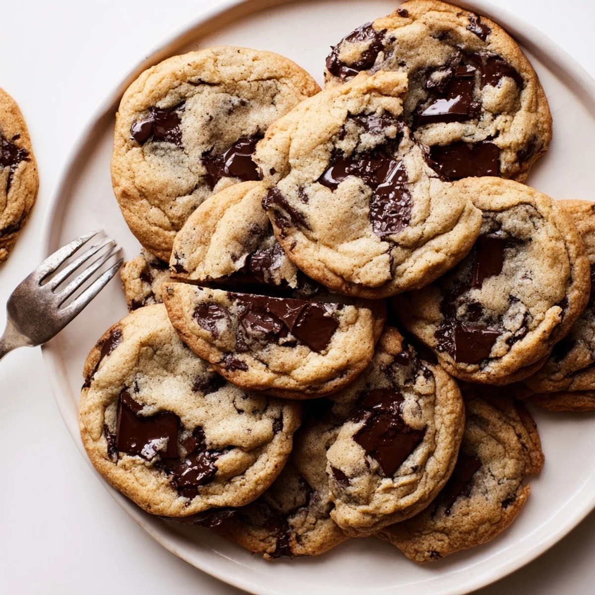 Golden brown chewy chocolate chip cookies with melted chocolate pools on a wire cooling rack
