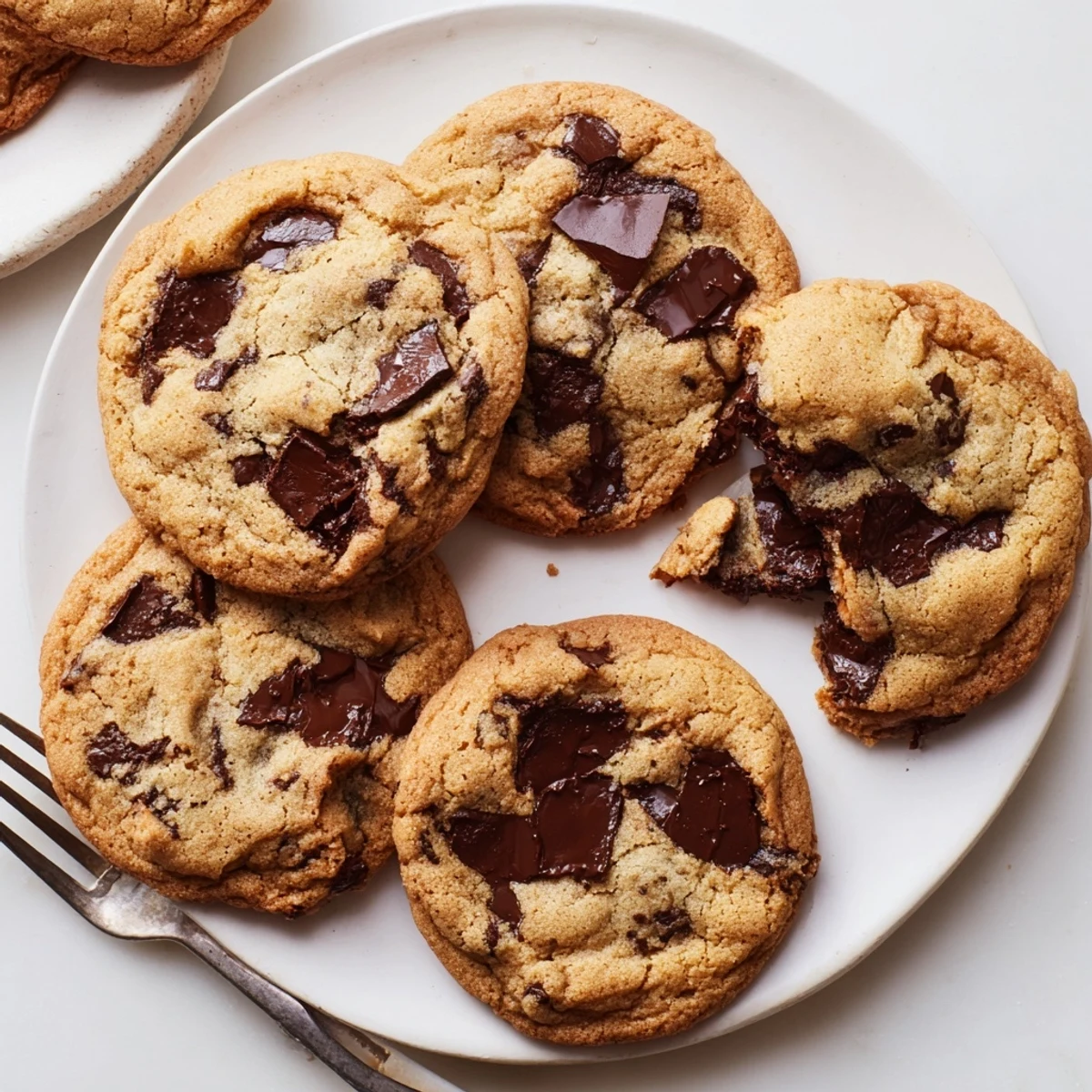 Freshly baked chewy chocolate chip cookies stacked on a wooden board with visible chocolate chunks