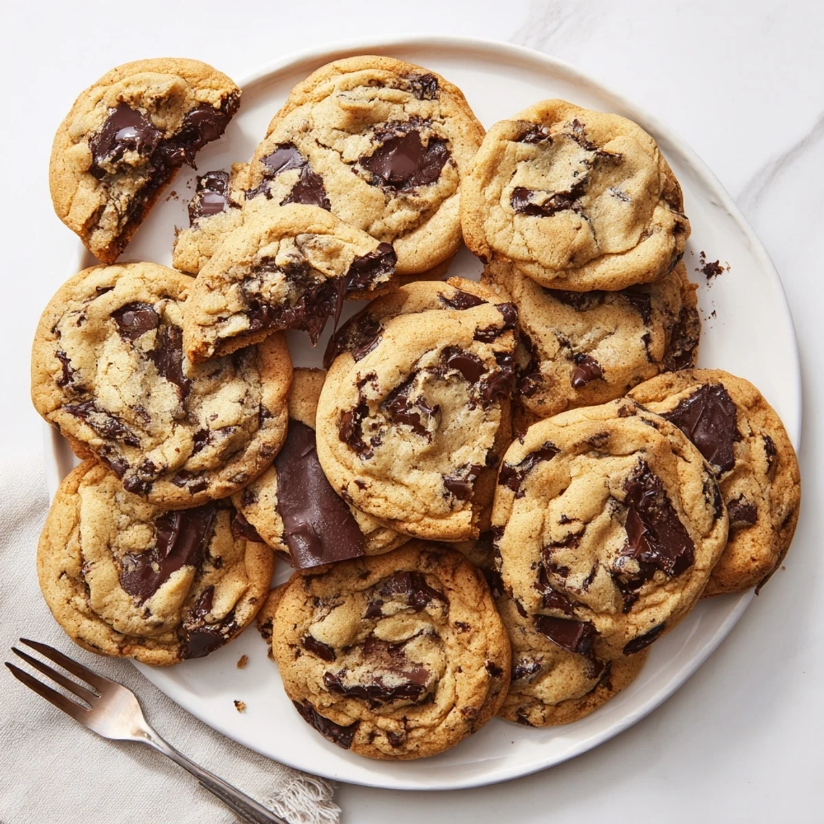 Plate of homemade chewy chocolate chip cookies featuring crisp edges and soft gooey centers