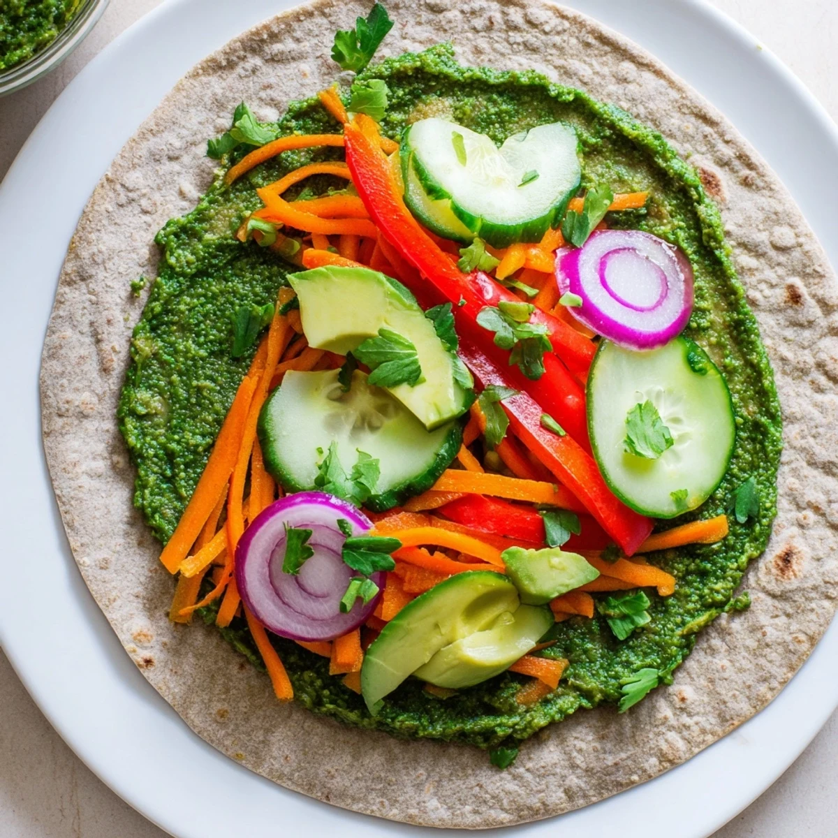  Mediterranean lunch wrap filled with creamy spinach hummus, crisp peppers, carrots, and sliced avocado