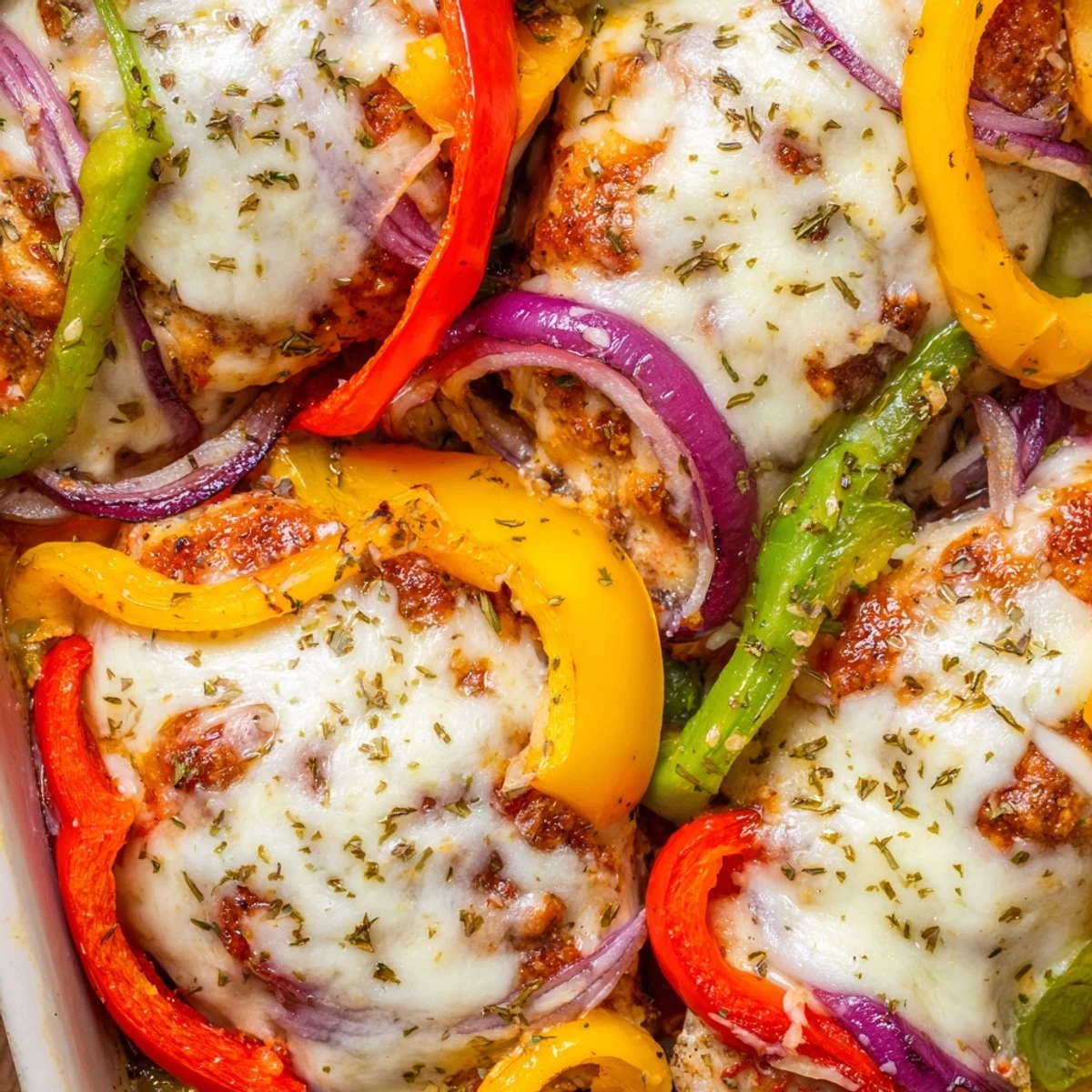 Golden melted cheese blankets tender chicken breasts atop colorful roasted bell pepper slices