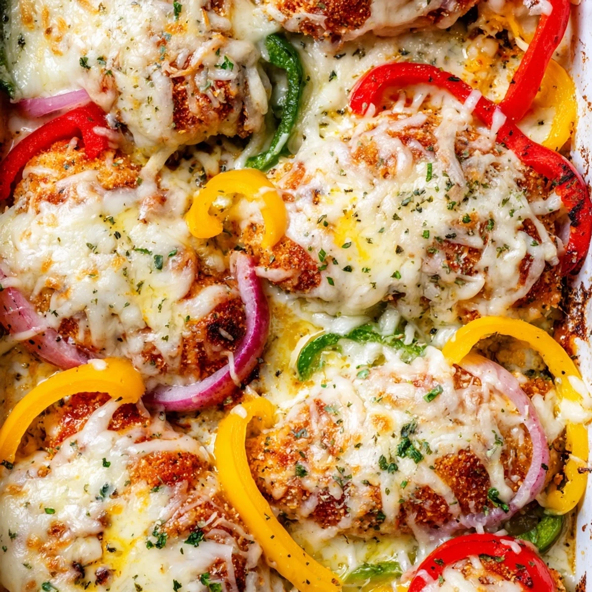 Tender baked chicken topped with mozzarella and Parmesan alongside colorful sweet pepper rings
