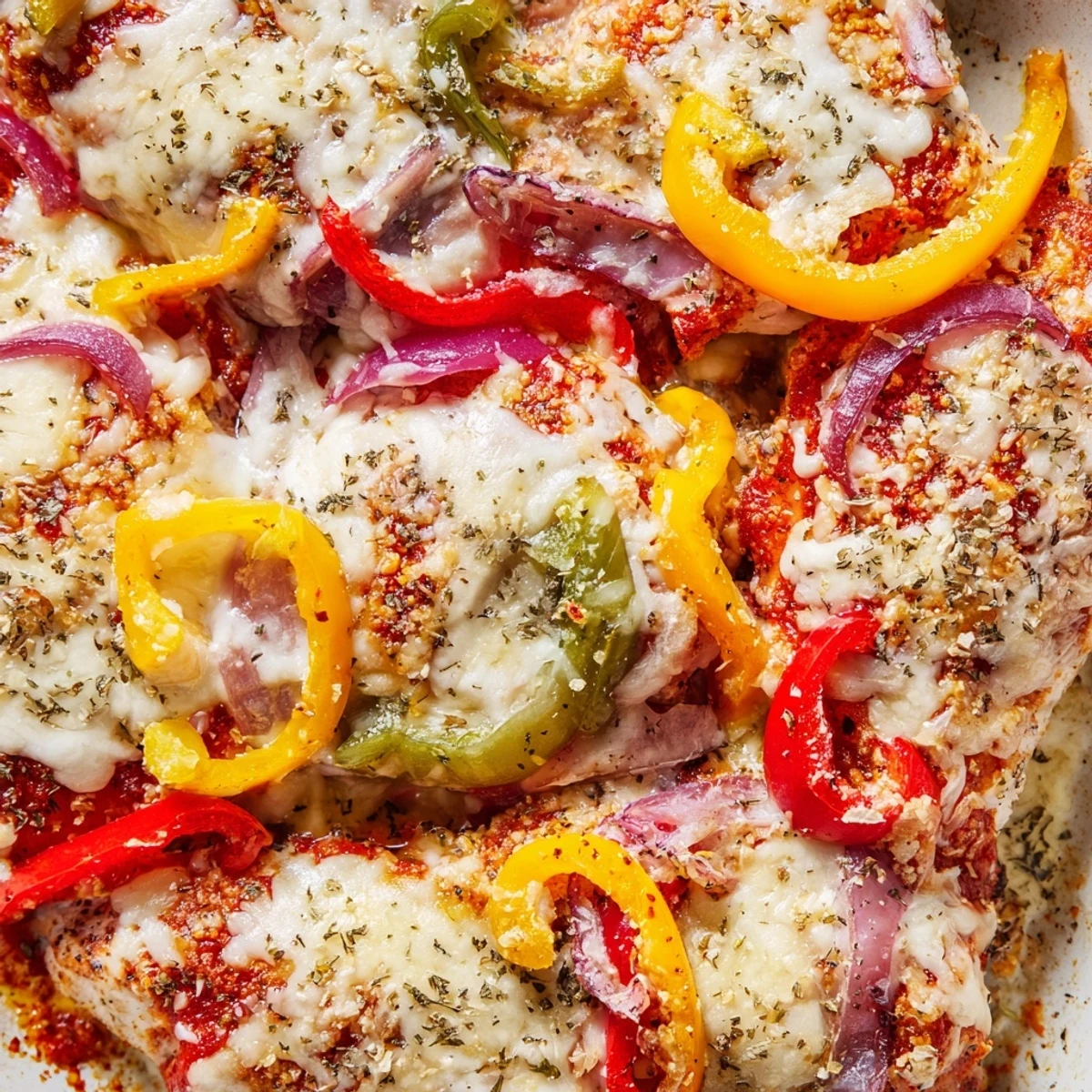 Baked cheesy chicken breast with vibrant red and yellow peppers in a bubbling casserole