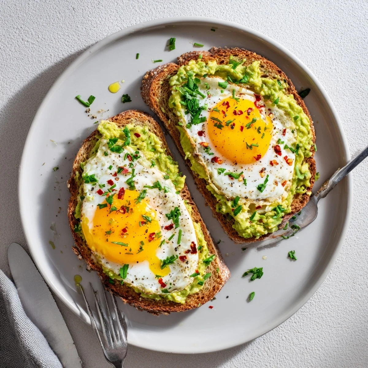 Golden toasted sourdough topped with creamy mashed avocado and a perfectly runny fried egg