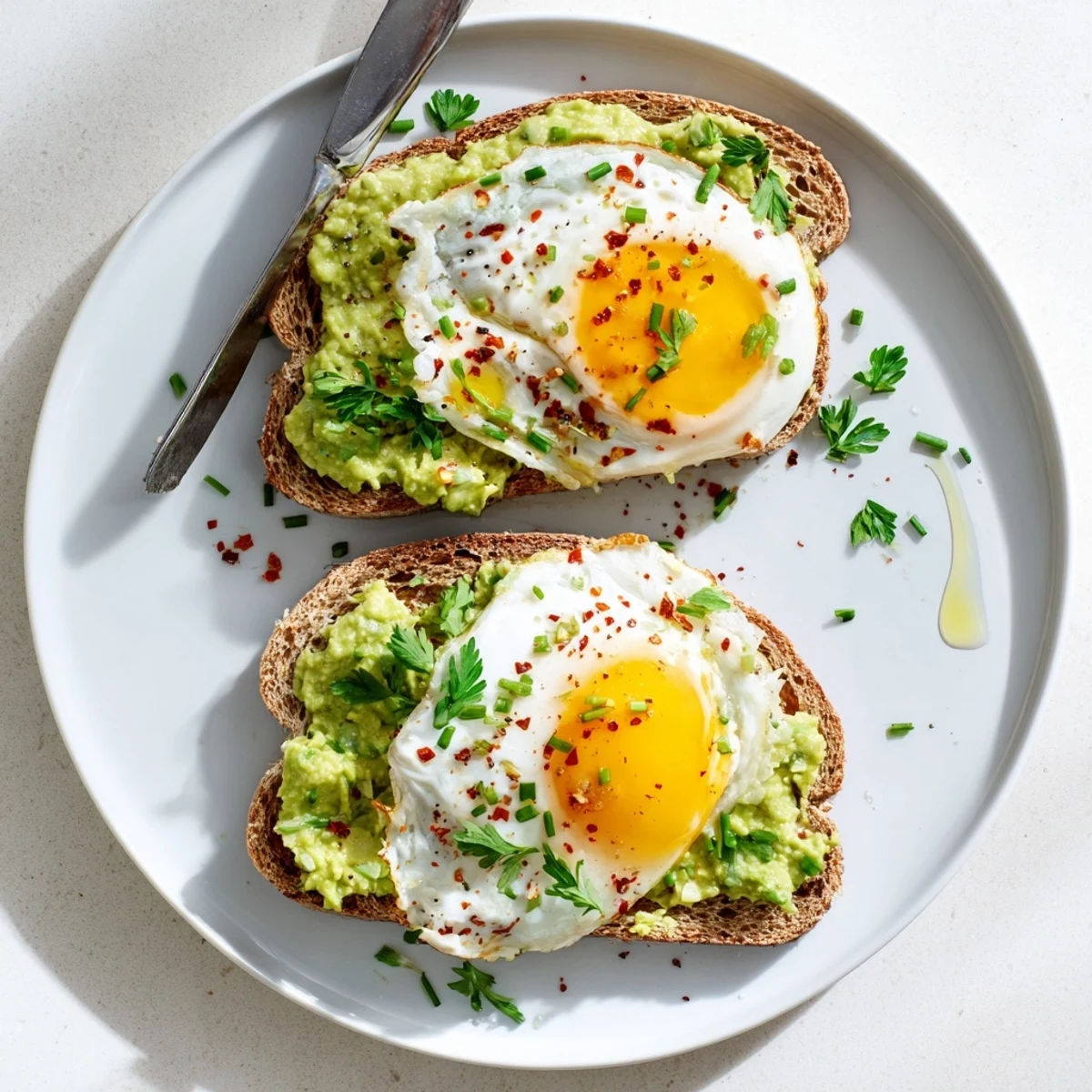 Simple avocado toast with egg recipe featuring whole grain bread, fresh herbs, and olive oil drizzle