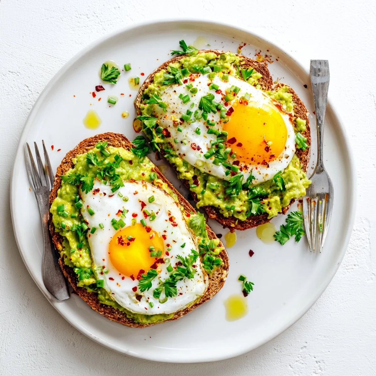 Breakfast plate showing loaded avocado toast with poached egg and optional red chili flakes