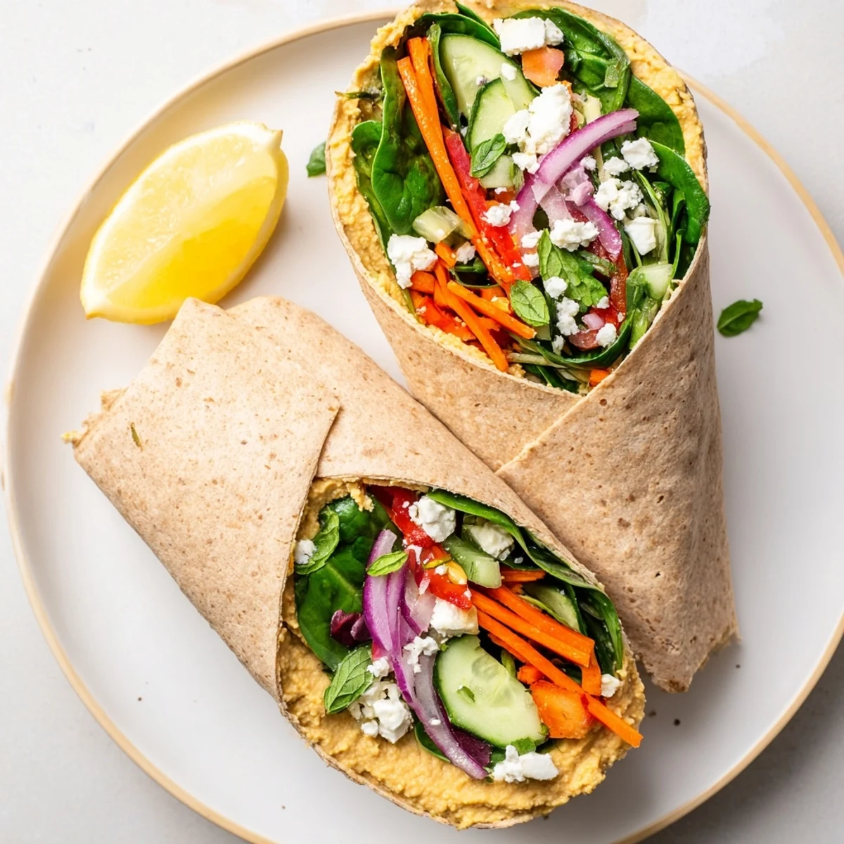 Golden whole wheat tortilla wrapped around creamy hummus and crisp colorful vegetables