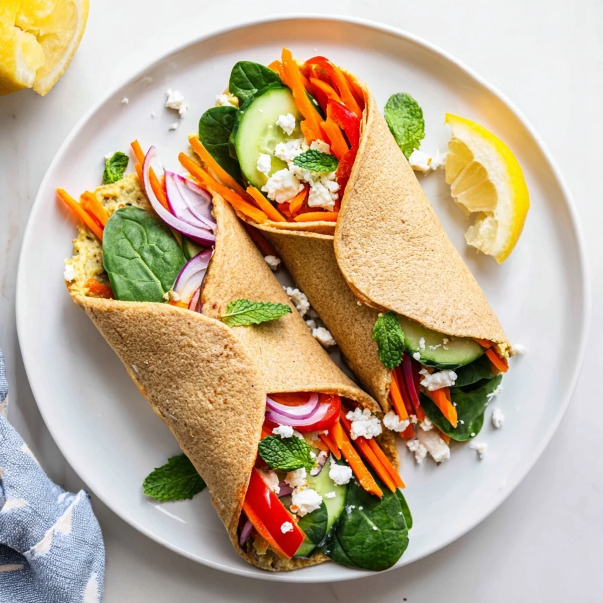 Sliced vegetarian hummus wrap revealing layers of fresh spinach cucumber and bell pepper