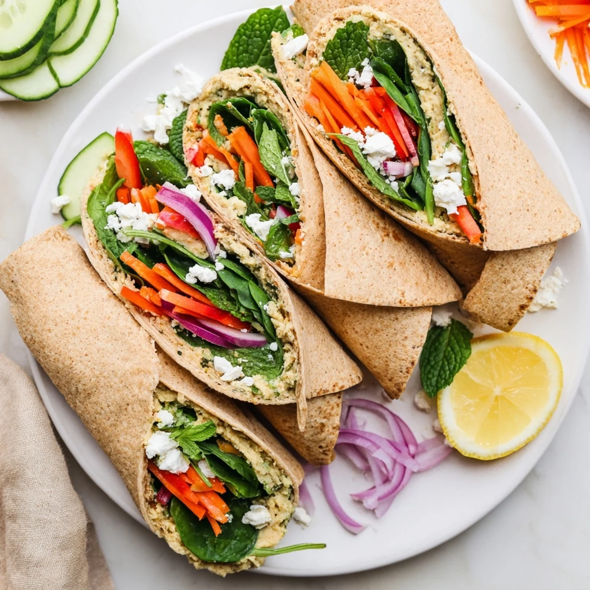 Mediterranean style lunch wrap stuffed with smooth hummus and crunchy garden vegetables