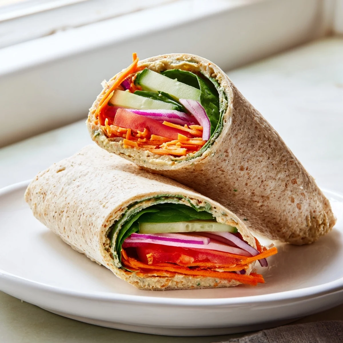 Fresh hummus veggie wrap rolled with crisp spinach, cucumber, bell pepper, and shredded carrots on whole wheat tortilla