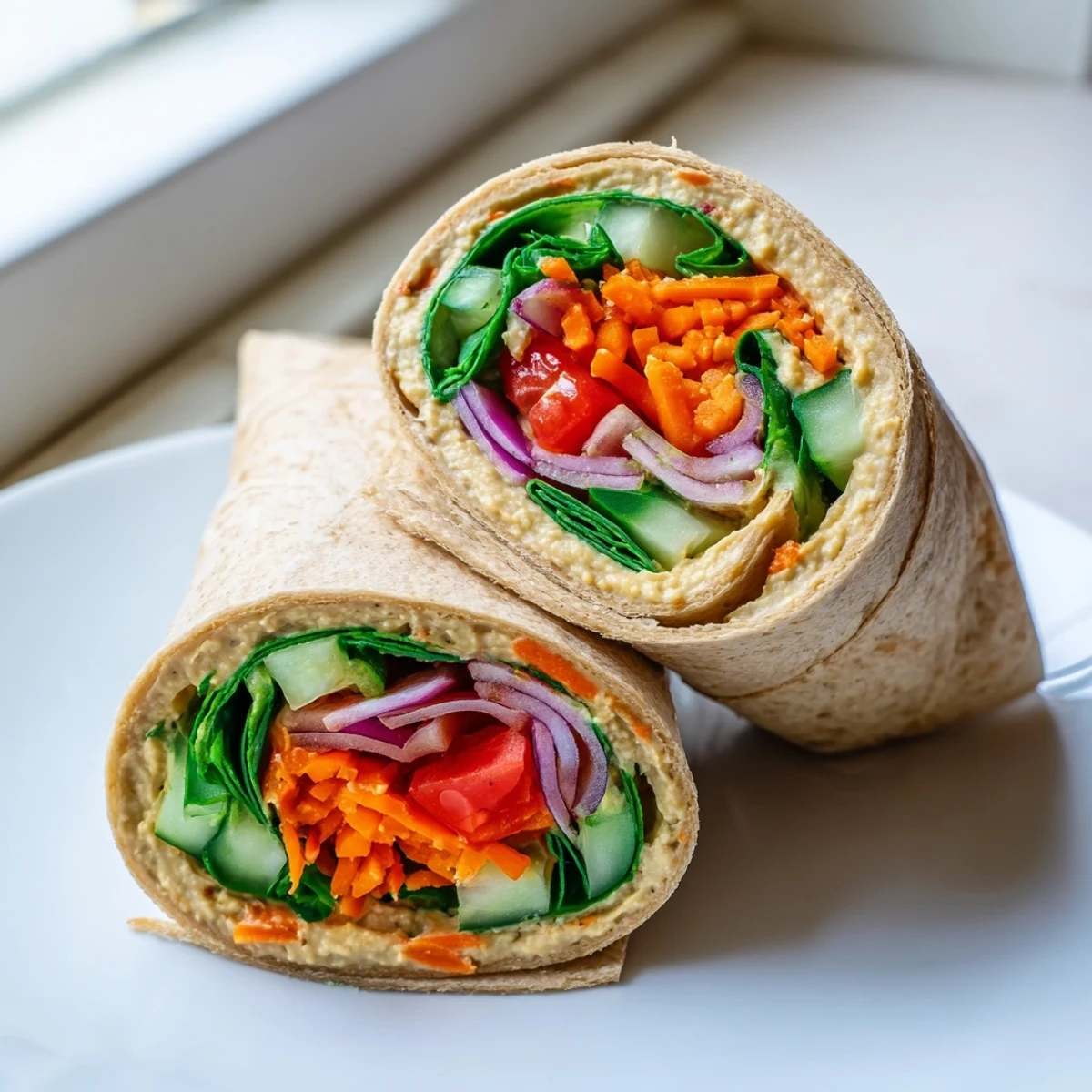 Mediterranean hummus veggie wrap sliced diagonally showcasing layers of creamy spread and colorful crunchy vegetables