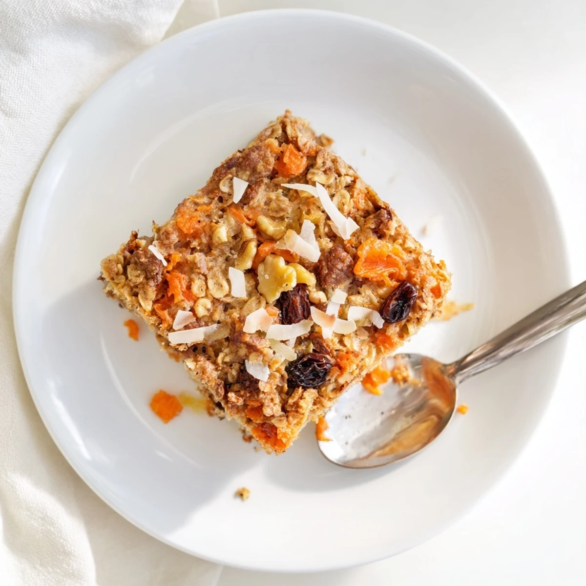 Warm spiced carrot cake baked oatmeal squares sprinkled with shredded coconut and pecans