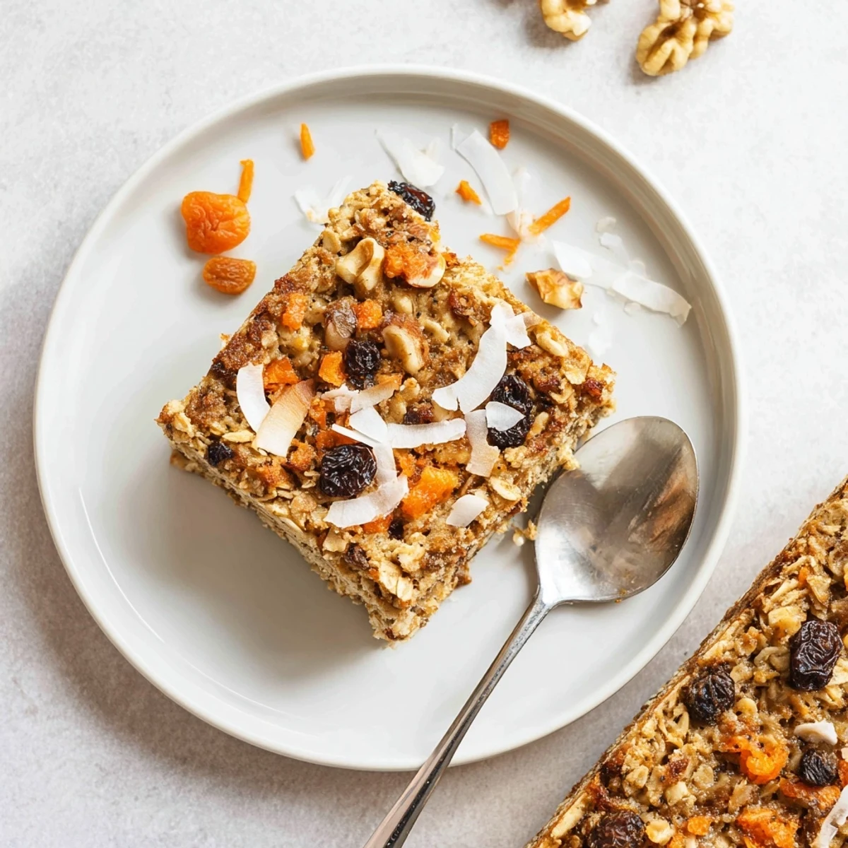 Golden carrot cake baked oatmeal topped with walnuts and raisins fresh from the oven