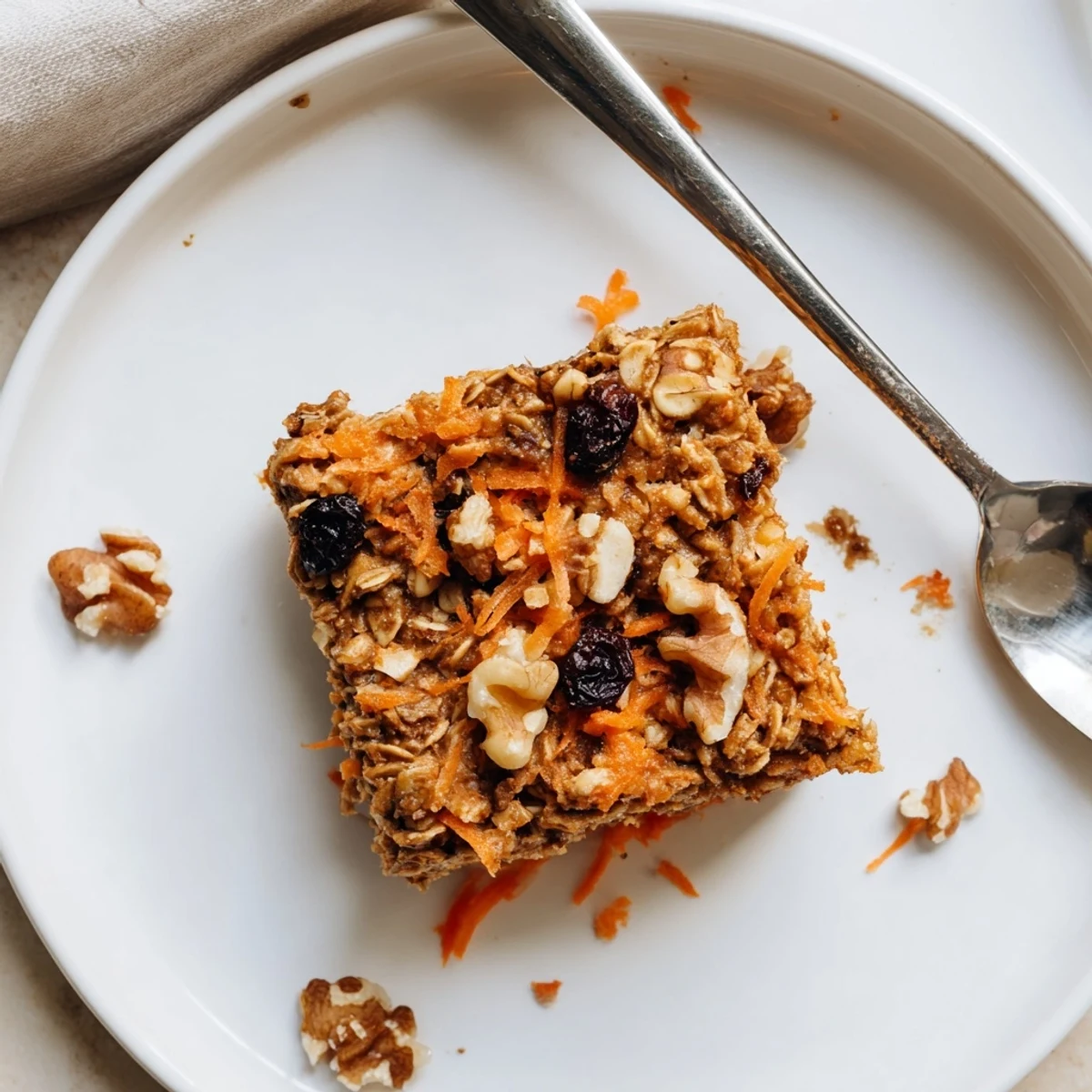 Fluffy baked oatmeal with grated carrots and sweet raisins served in a white baking dish