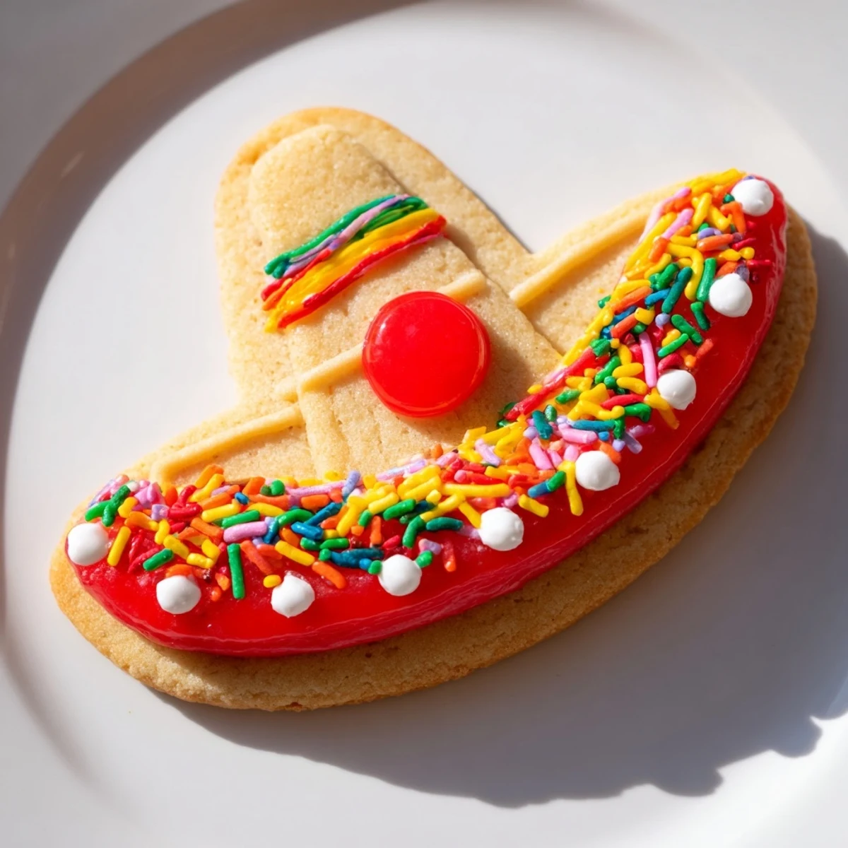 Colorful Cinco de Mayo sombrero cookies topped with bright gumdrops and festive sprinkles on a white serving platter