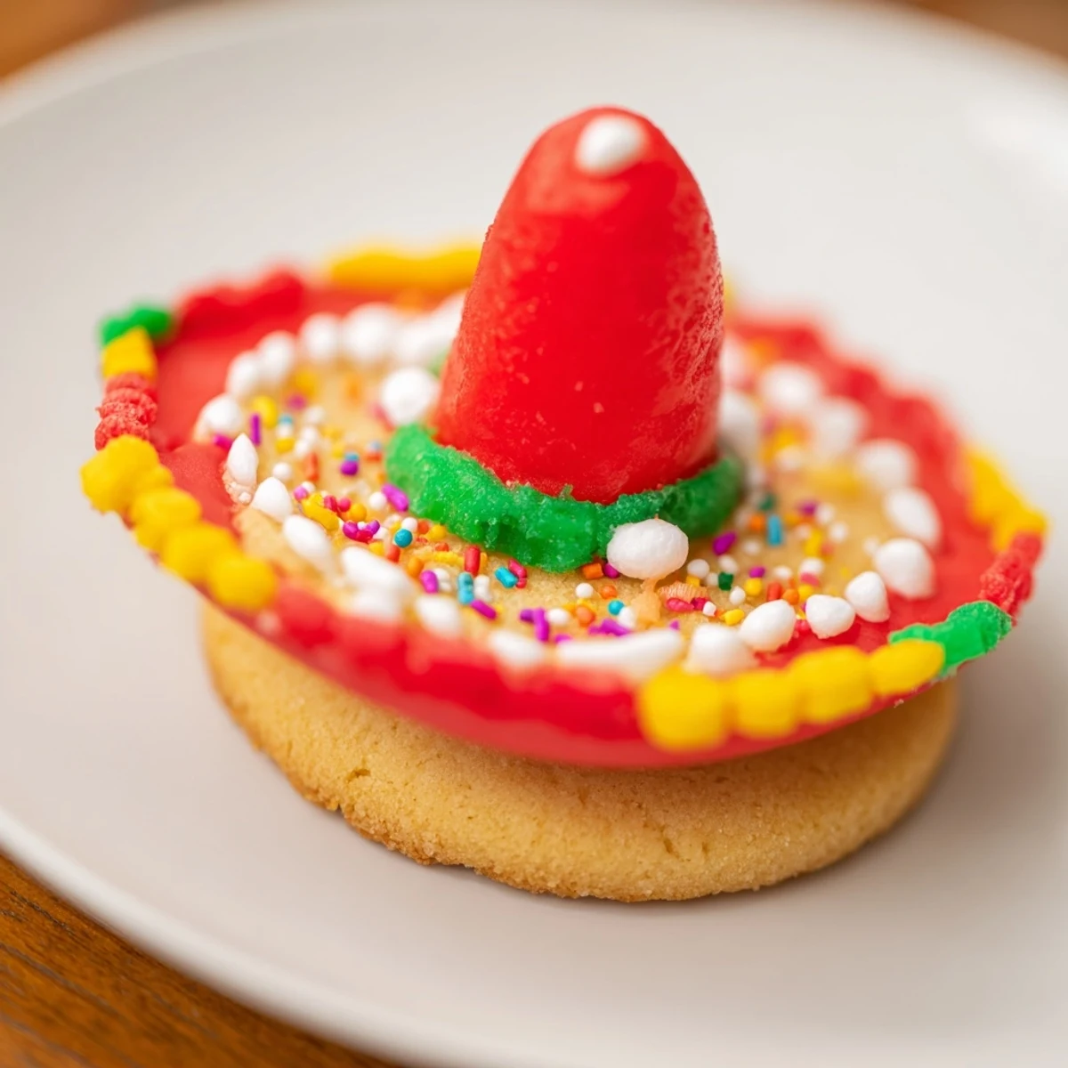 Festive sugar cookies shaped like Mexican sombreros decorated with vibrant icing and colorful candies for a holiday celebration
