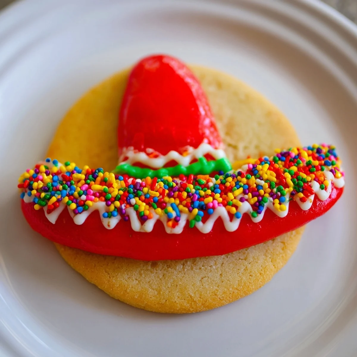 Handmade Cinco de Mayo sombrero cookies featuring frosted brims, crowns, and gumdrop toppers arranged on a decorative plate