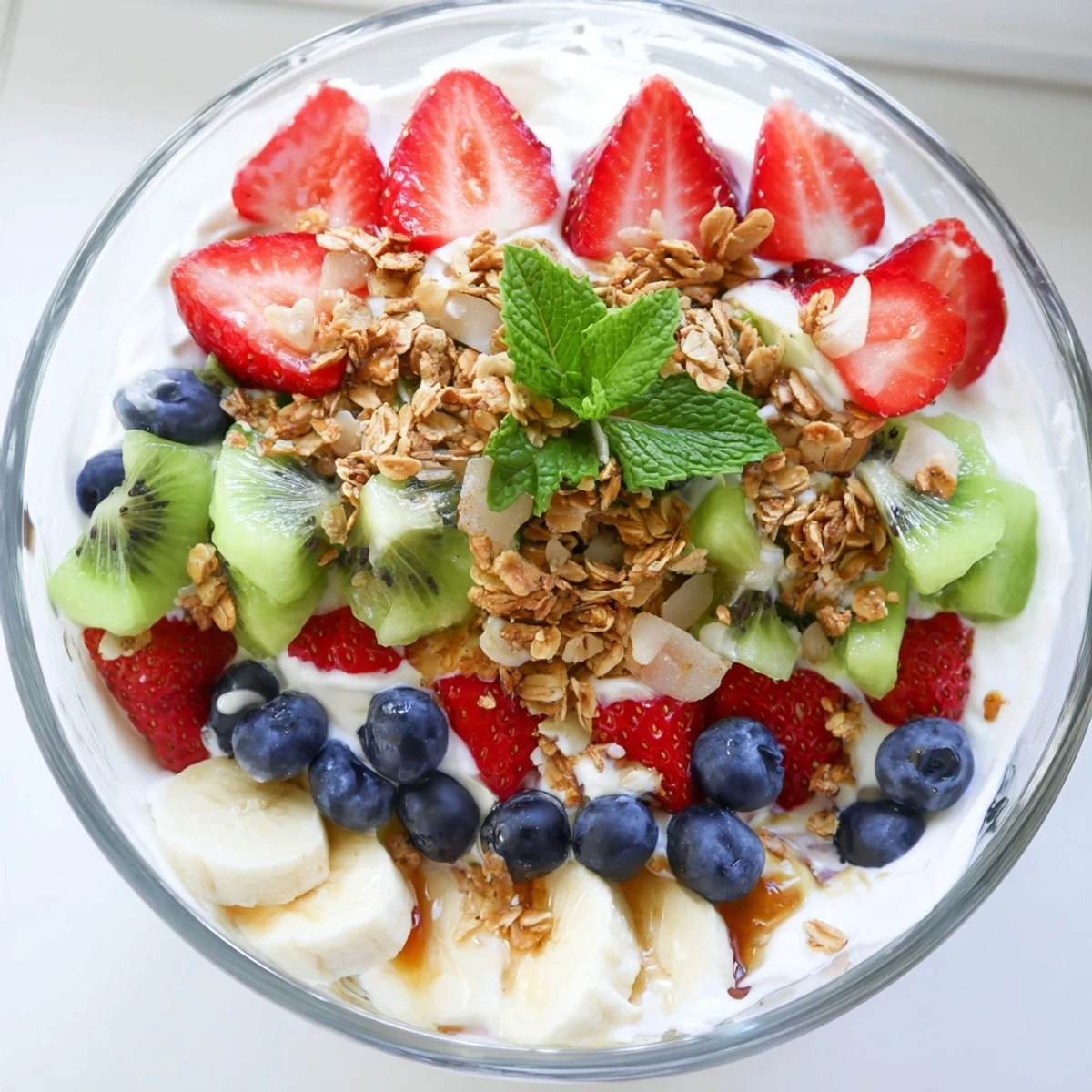 Glass bowl layered with Greek yogurt parfait recipe featuring honey drizzle and fresh colorful mixed berries