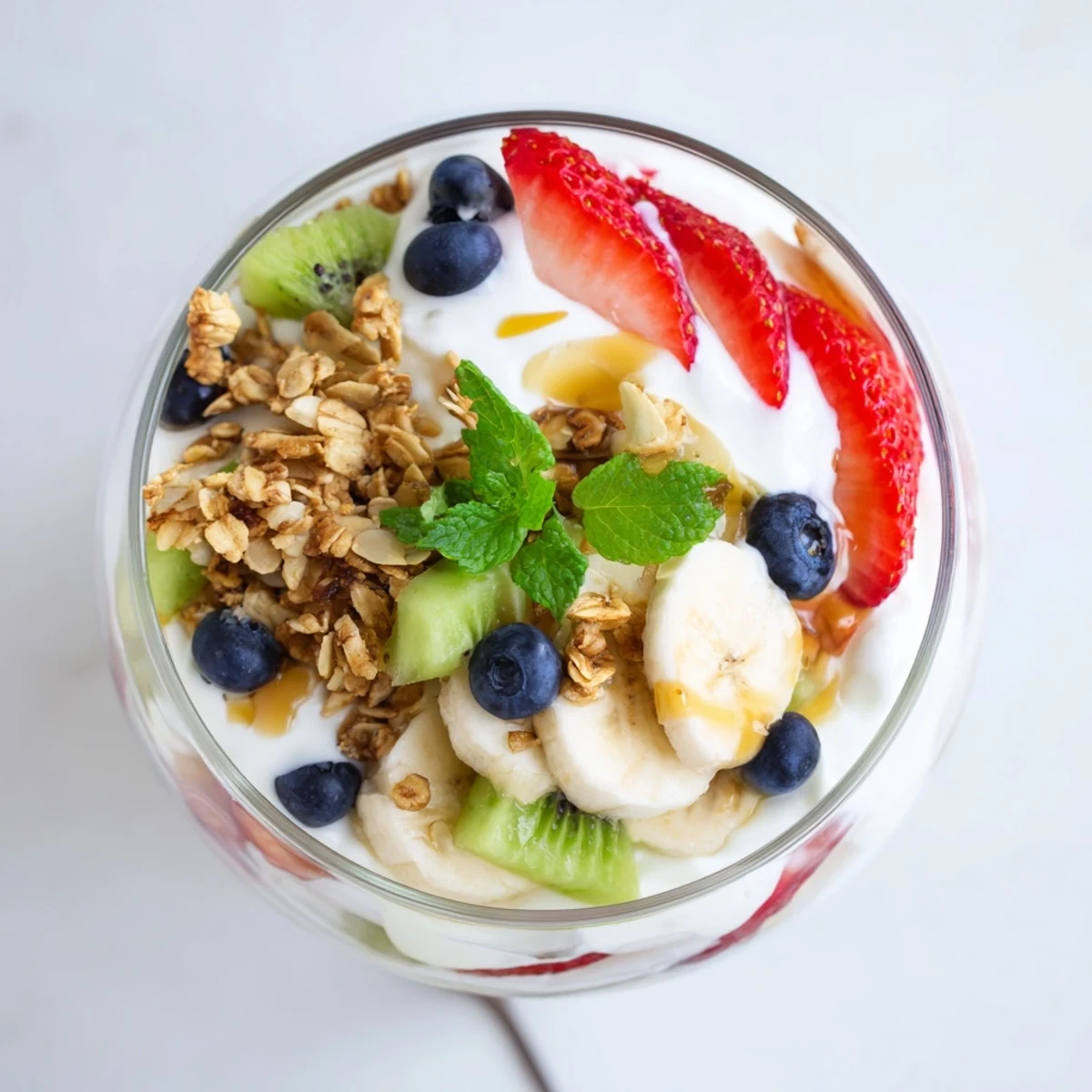 Creamy yogurt parfait recipe topped with granola, fresh strawberries, blueberries, kiwi and sweet honey drizzle