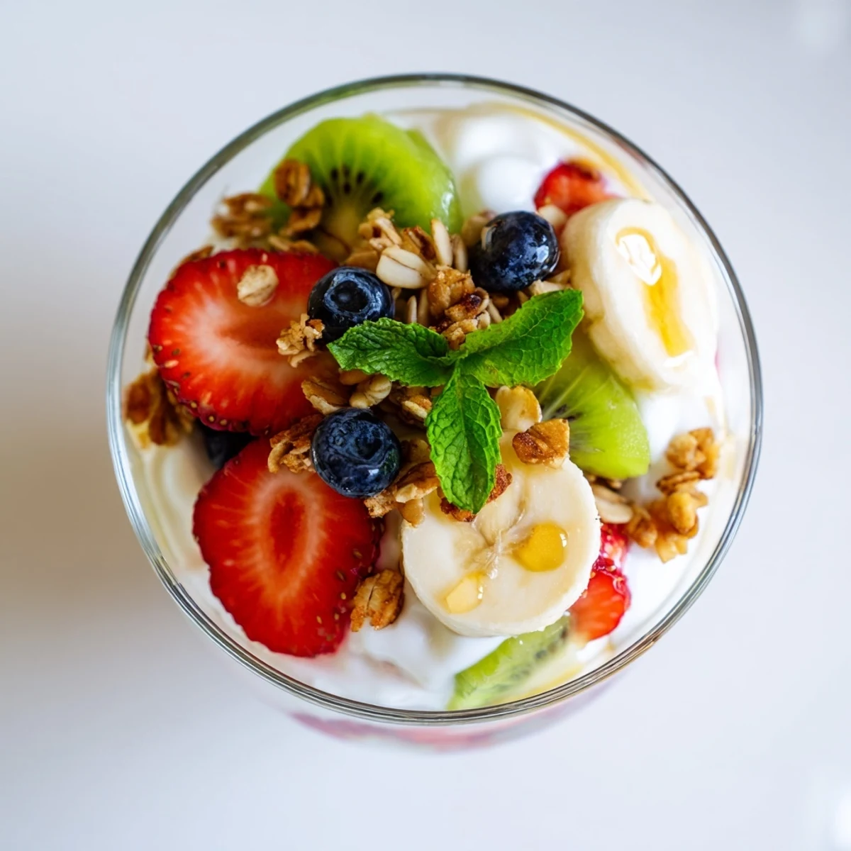 Wholesome yogurt parfait recipe with honey and sliced fruits arranged in clear glass parfait glasses