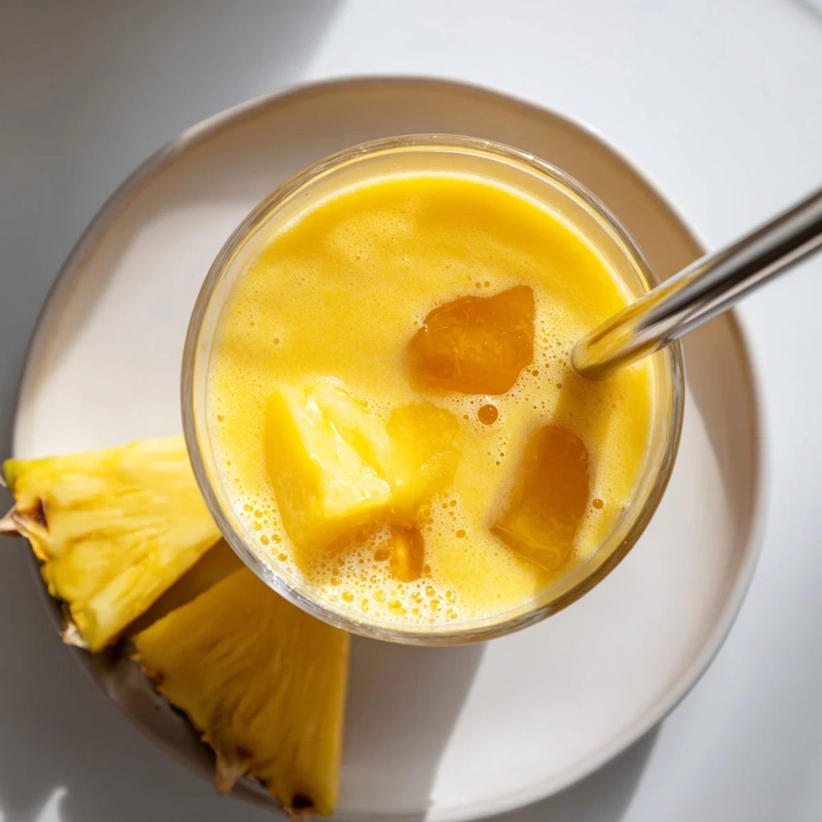 Vibrant Tropical Pineapple Mango Smoothie served chilled with fresh pineapple wedge and mint leaf garnish on top