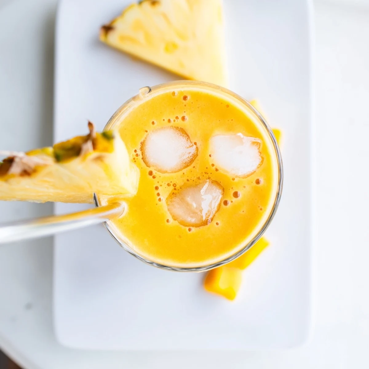 Tropical Pineapple Mango Smoothie in a glass showing creamy yellow texture with mango chunks floating inside