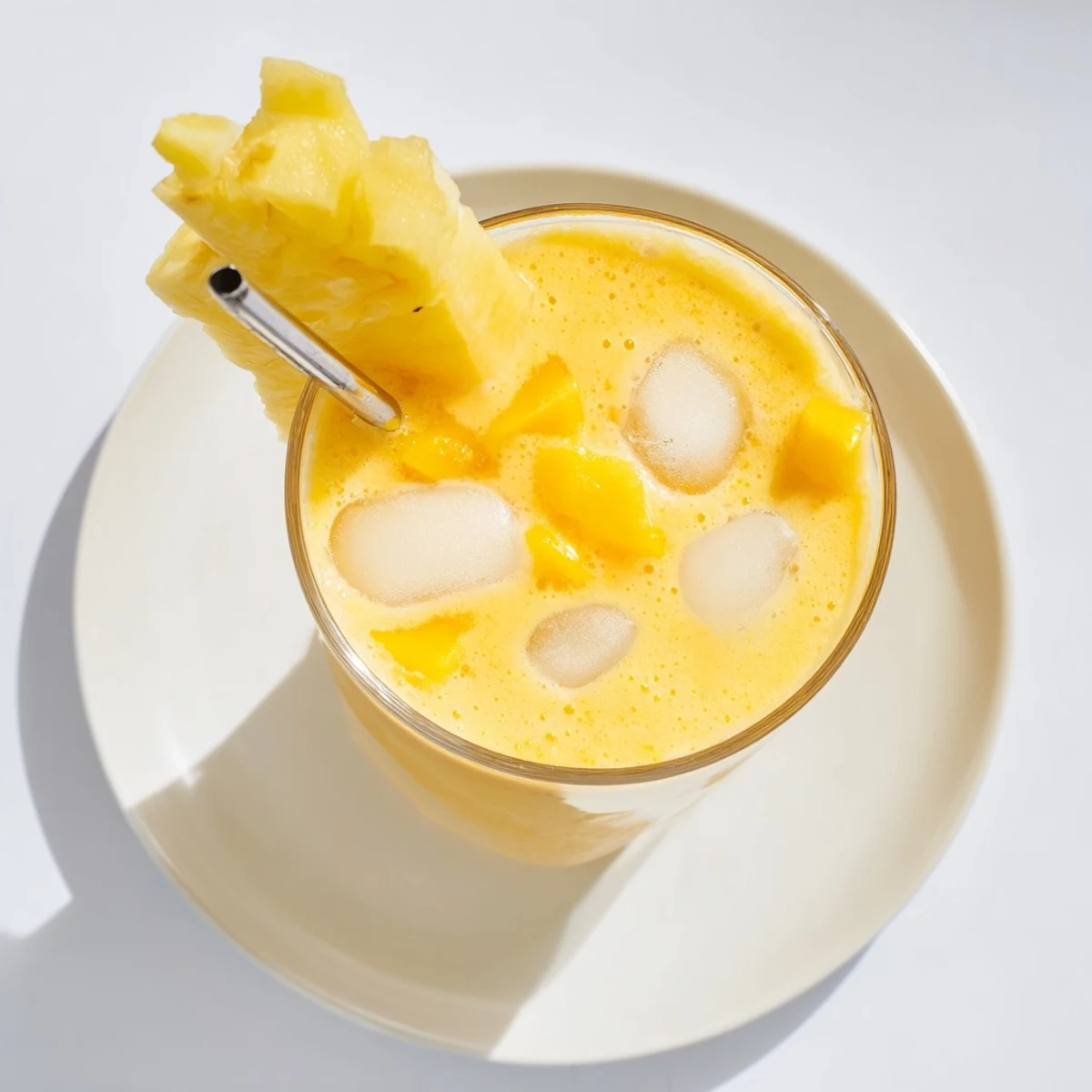 Golden Tropical Pineapple Mango Smoothie recipe poured into a tall glass with ice cubes and vibrant color