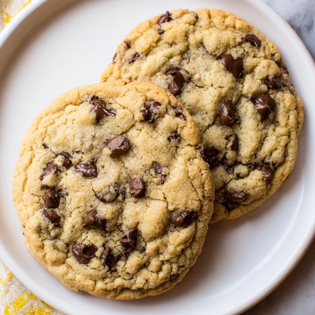 Golden brown chewy chocolate chip cookies fresh from the oven with melted chocolate pools