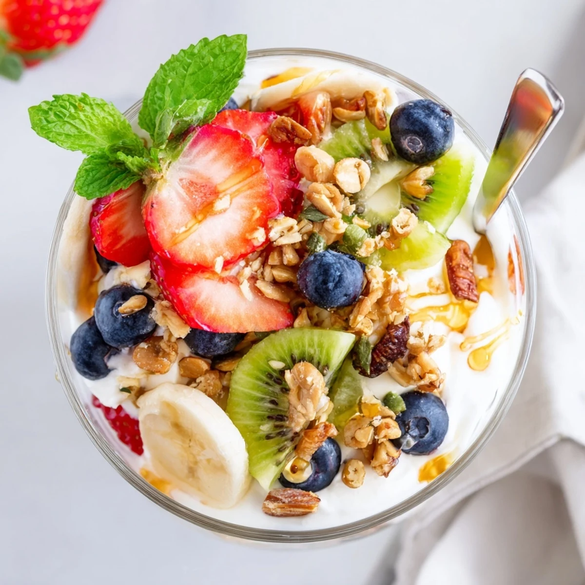 Colorful yogurt parfait recipe with honey sweetened layers and vibrant mixed fruits in clear glass