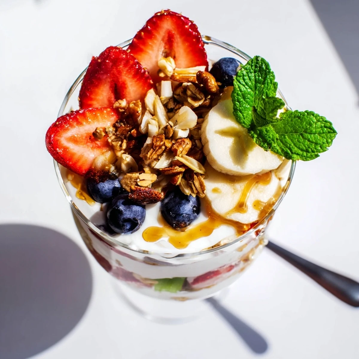 Layered yogurt parfait recipe featuring honey-drizzled Greek yogurt and fresh strawberries, blueberries, kiwi slices