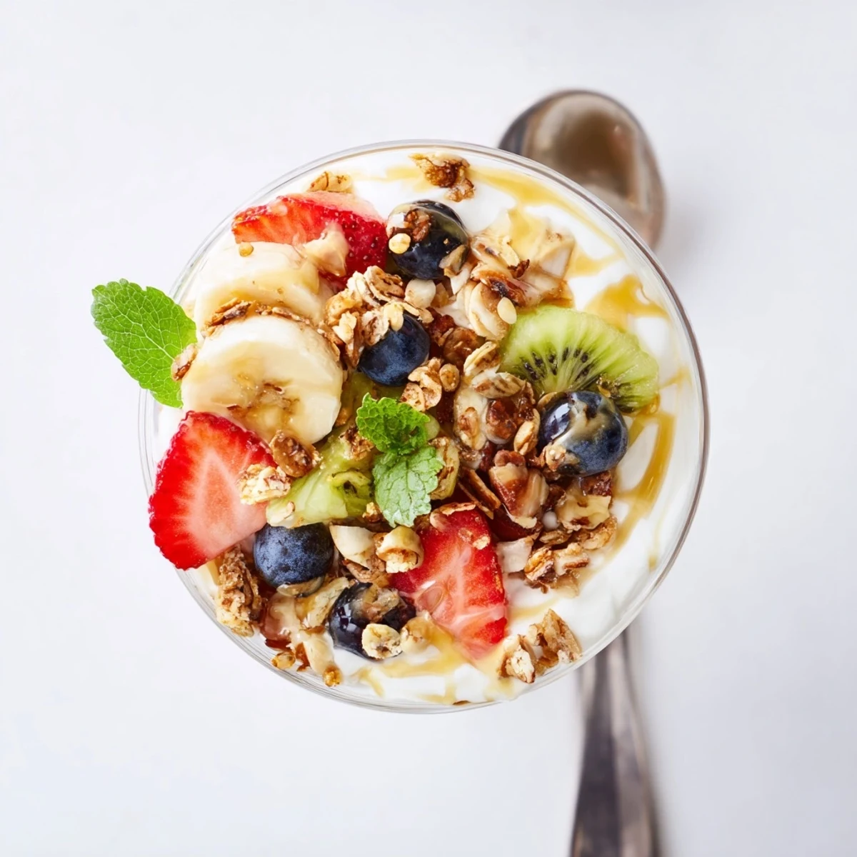 Healthy yogurt parfait recipe showing creamy honey yogurt topped with fresh berries and banana slices
