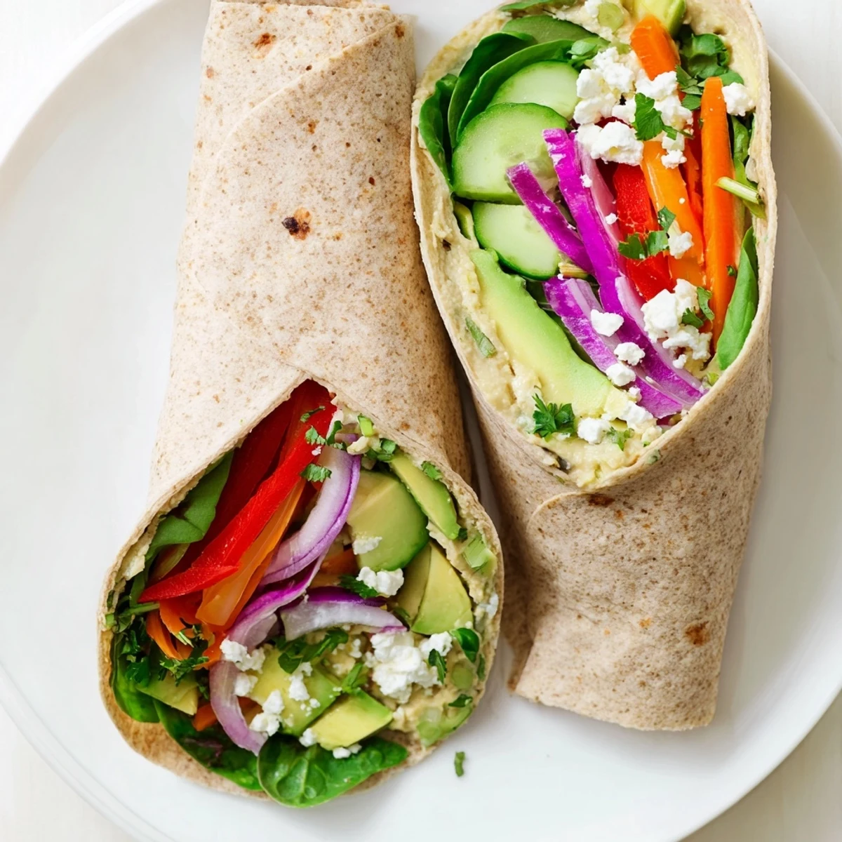 Golden whole wheat tortilla wrapped around creamy hummus and vibrant crisp vegetables