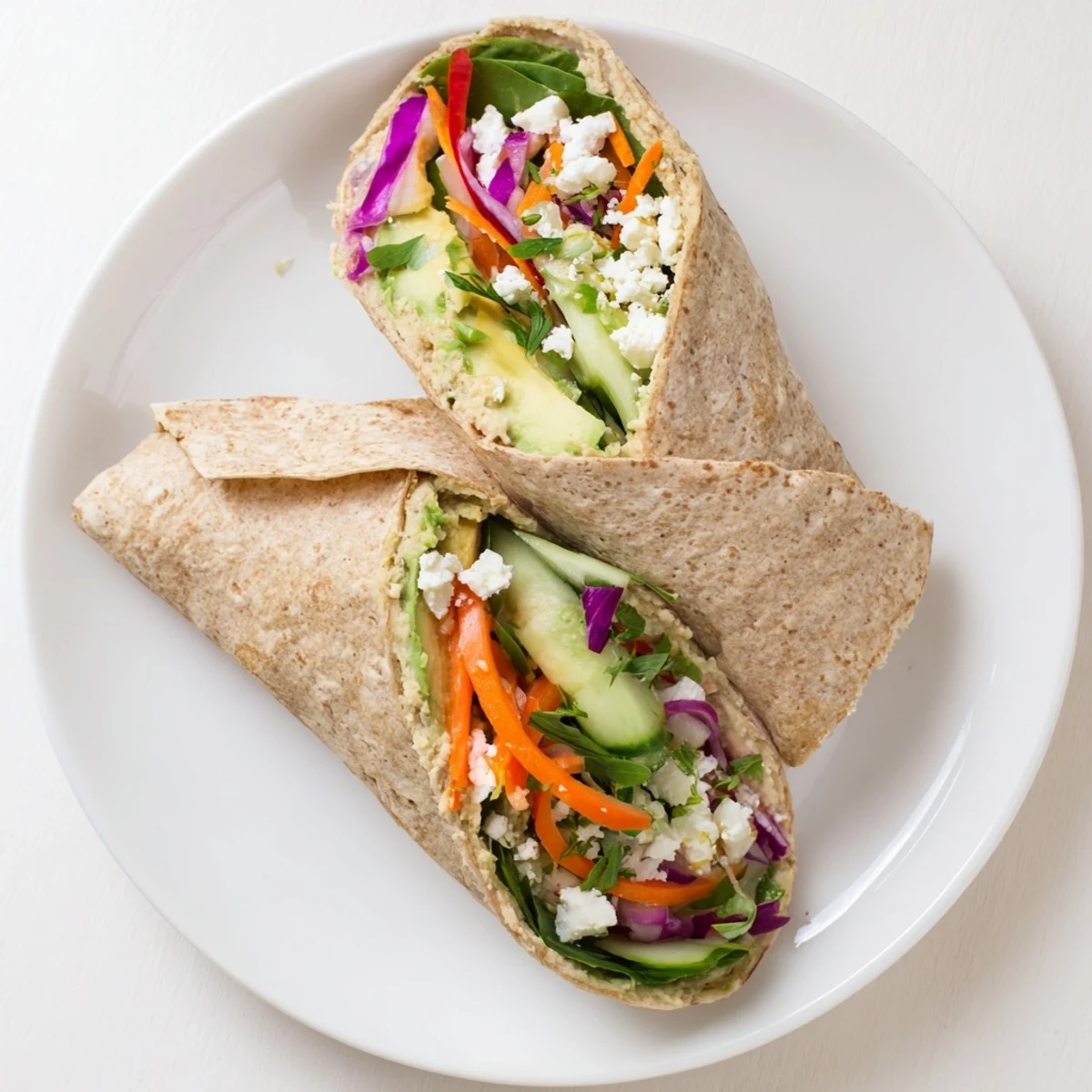 Healthy hummus veggie wrap sliced diagonally revealing colorful layers of fresh Mediterranean vegetables