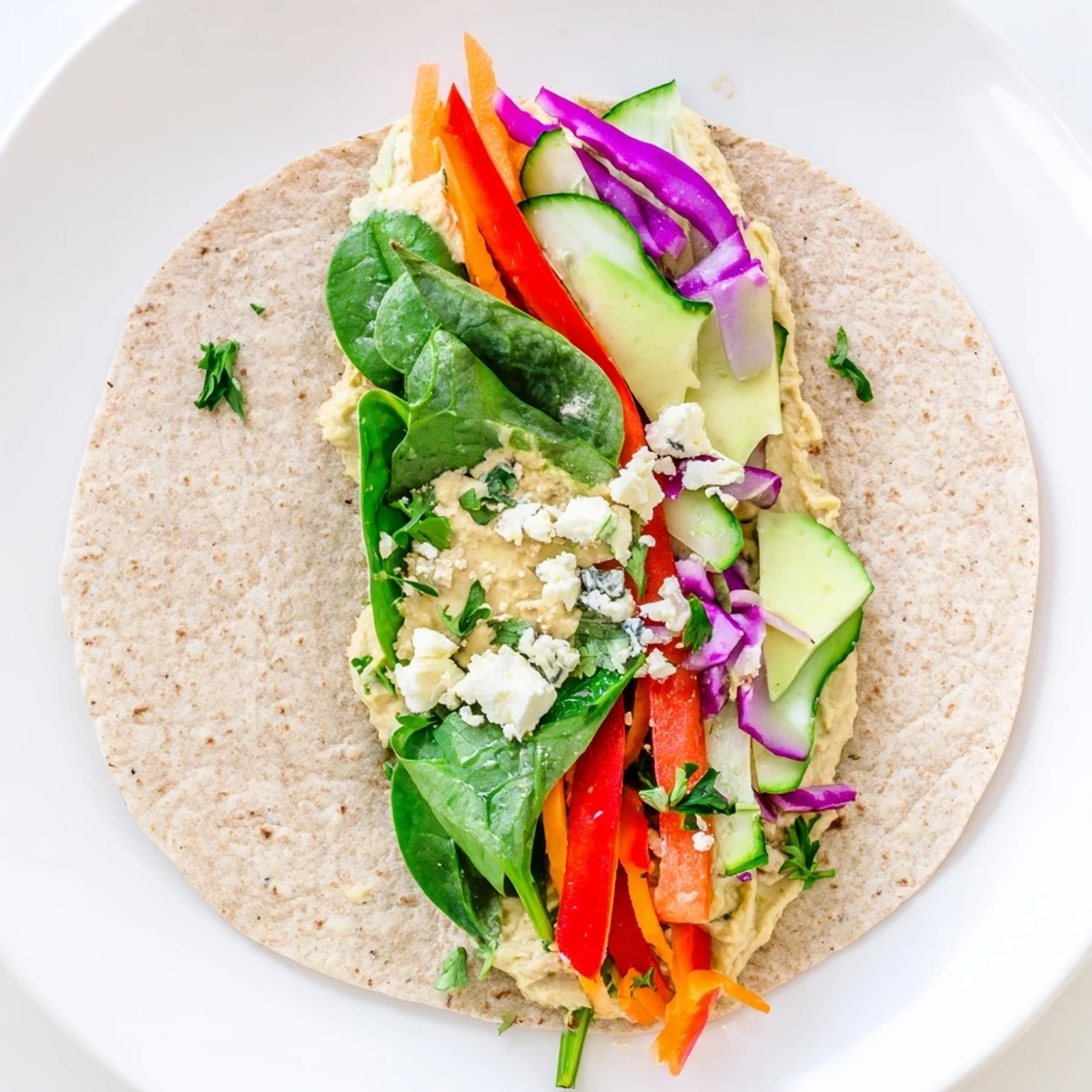Mediterranean style wrap with spinach bell pepper cucumber and carrot nestled in hummus