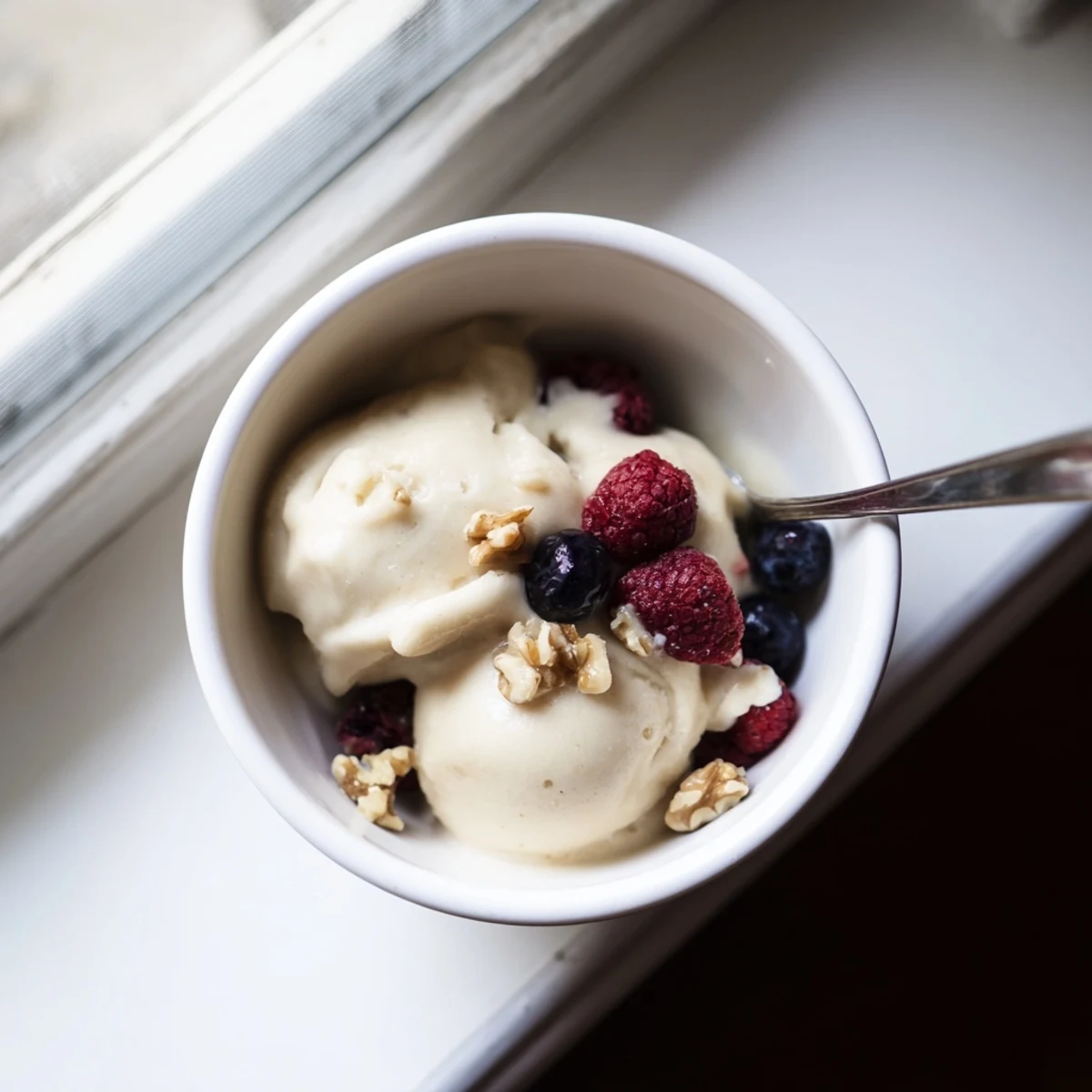 Creamy banana nice cream served in a bowl topped with fresh berries and chopped nuts