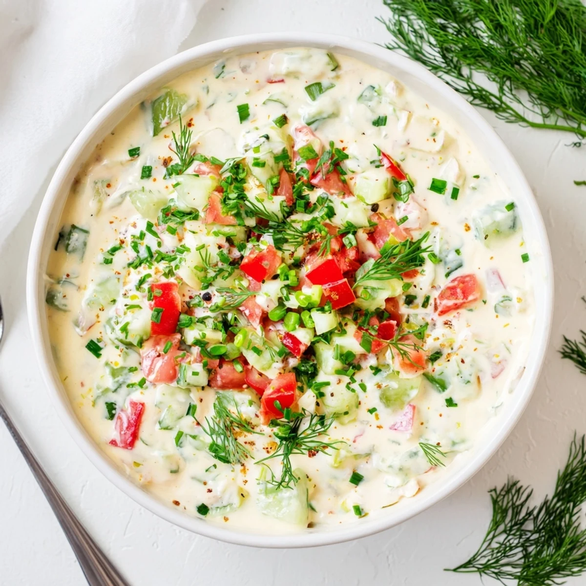 Creamy Grillos Pickle De Gallo Ranch Dip topped with fresh herbs and served with crunchy vegetable sticks