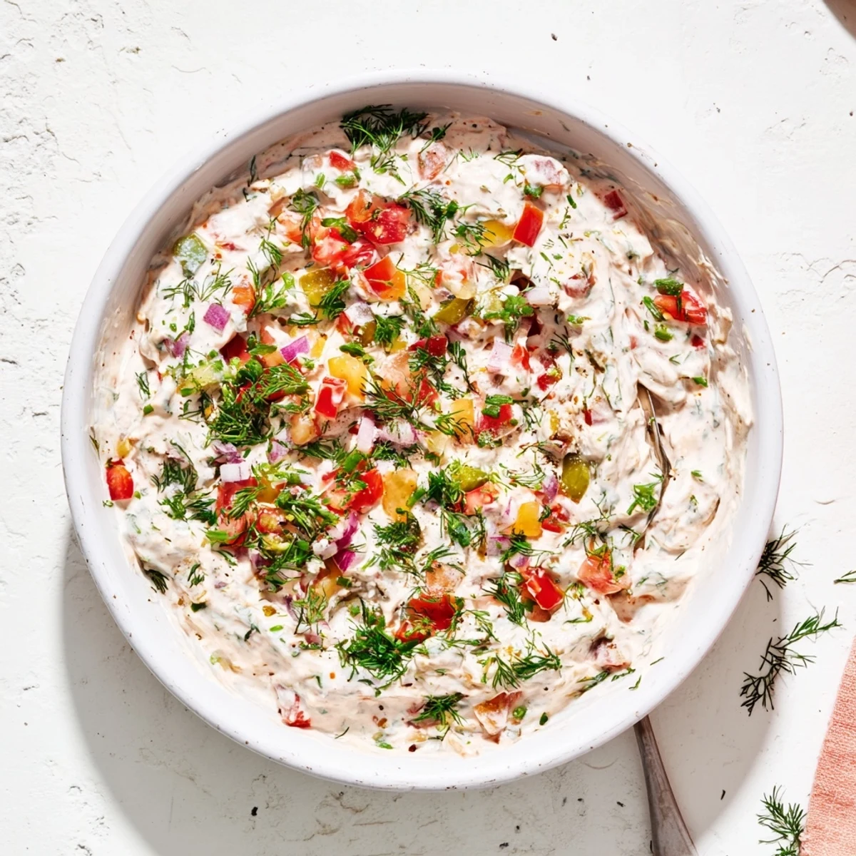 White bowl of zesty Grillos Pickle De Gallo Ranch Dip surrounded by colorful chips and crackers