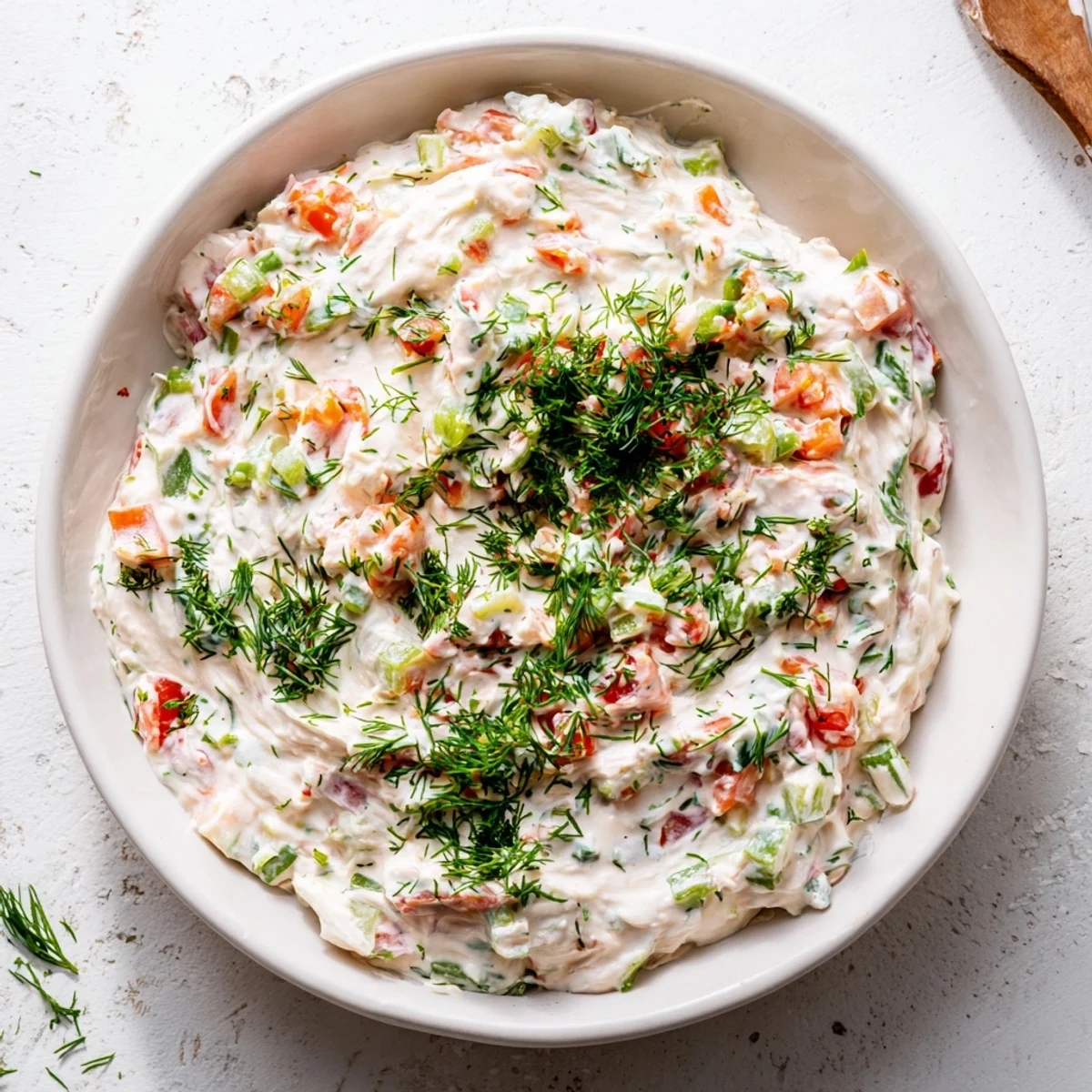 Close-up of thick Grillos Pickle De Gallo Ranch Dip speckled with diced pickles, pico de gallo, and vibrant green herbs