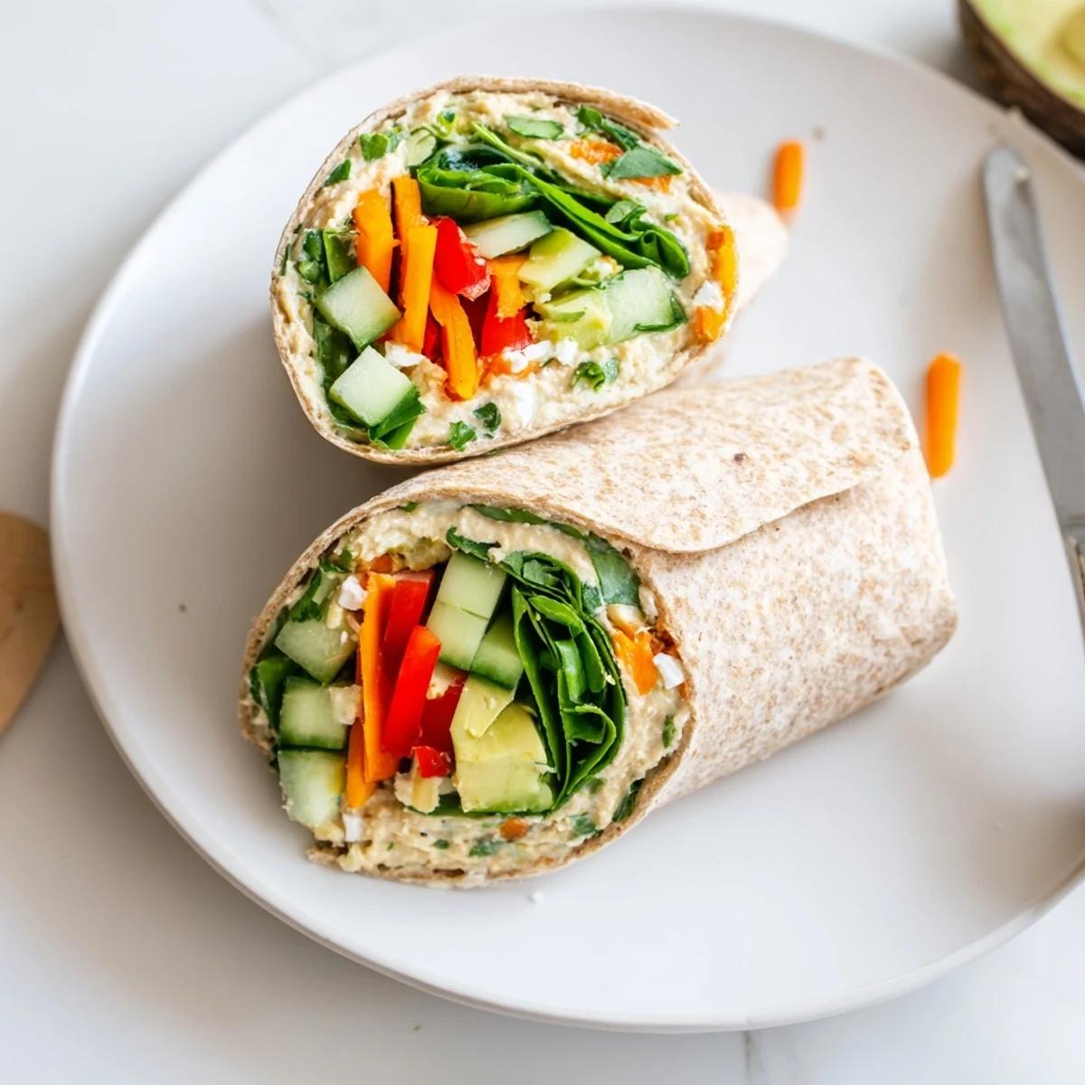 Golden whole wheat tortilla rolled with creamy hummus, fresh baby spinach, cucumber, and colorful vegetables