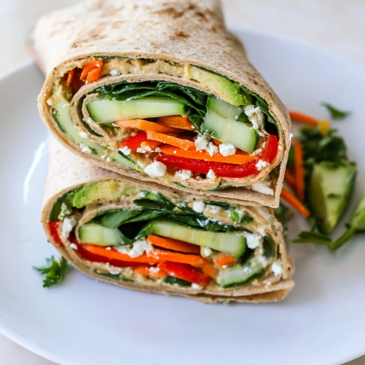Mediterranean-style spinach hummus lunch wraps sliced diagonally, revealing layers of crisp vegetables and creamy spread