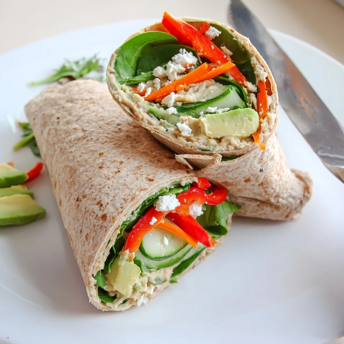 Healthy vegetarian lunch wrap featuring hummus spread, spinach leaves, bell pepper, carrots, and avocado in whole wheat tortilla